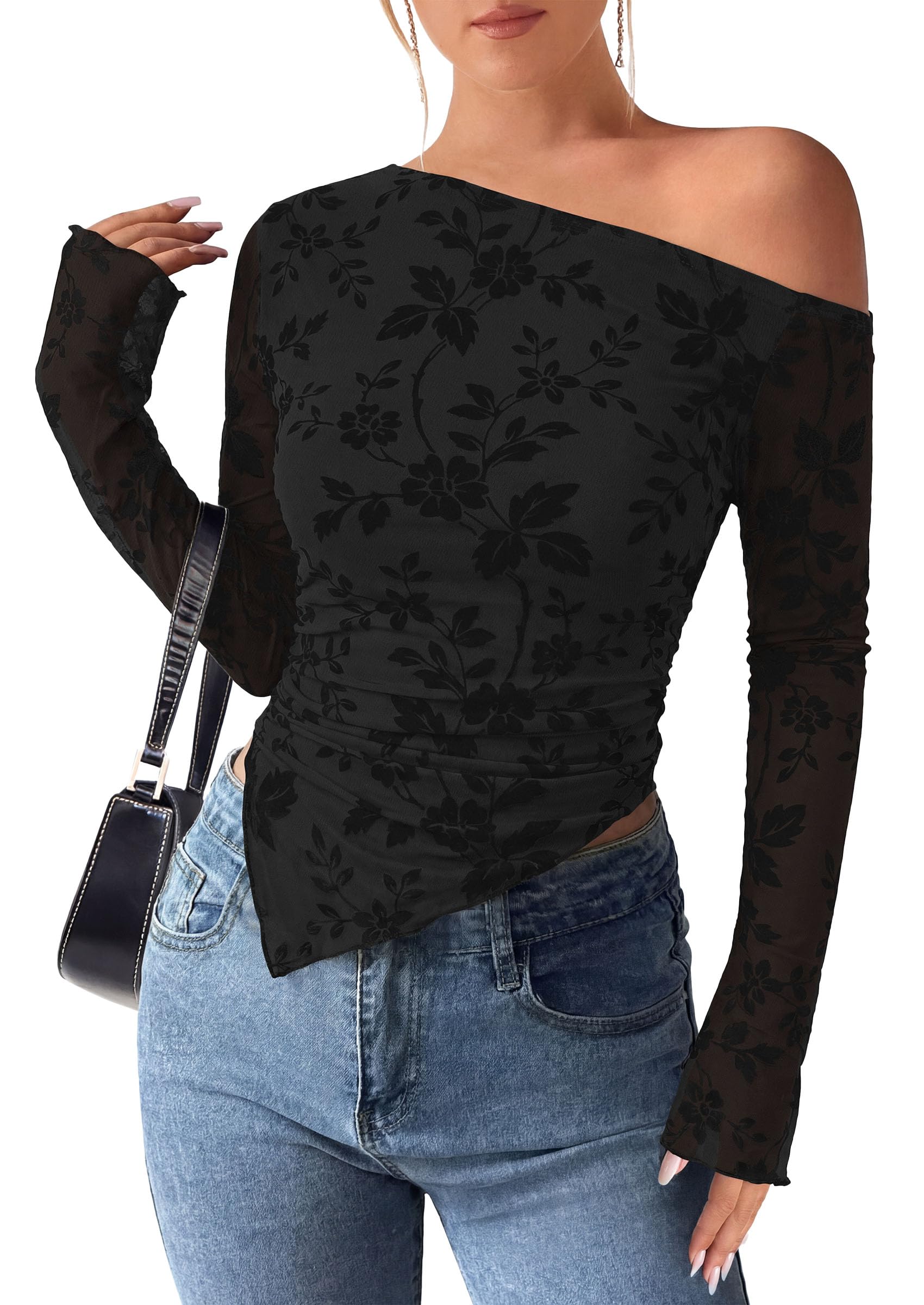 Womens Off Shoulder Mesh Y2k Tops,Black,XS