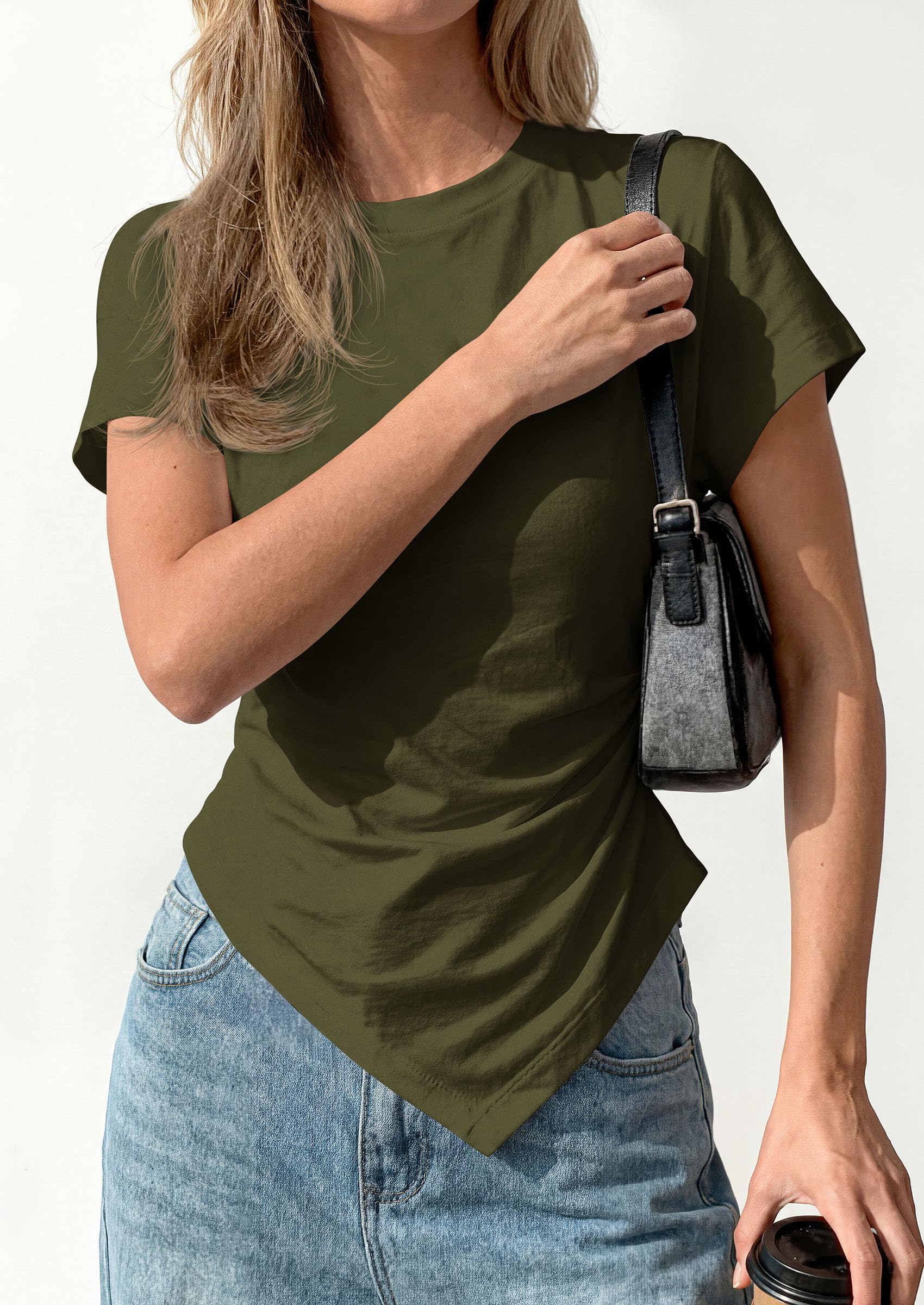 Womens Asymmetrical Summer Short Sleeve Tops,Army Green,XS