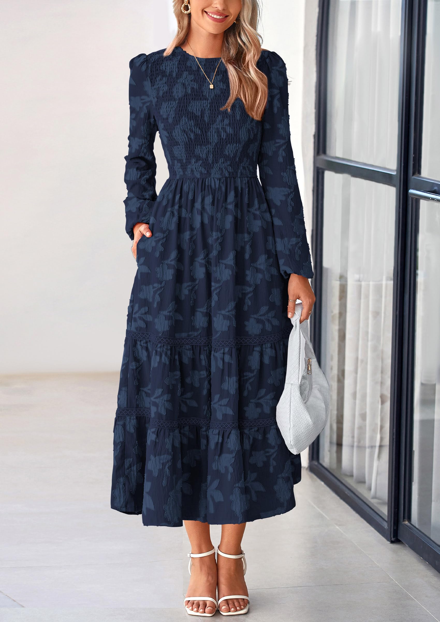 Women's Long Sleeve Boho Floral Midi Dress, Navy,S