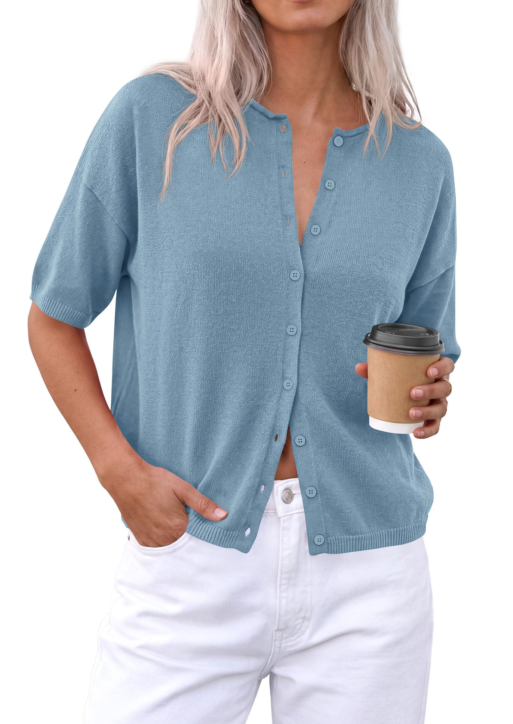 Women's Short Sleeve Cardigan Sweaters (Light Blue,Small)