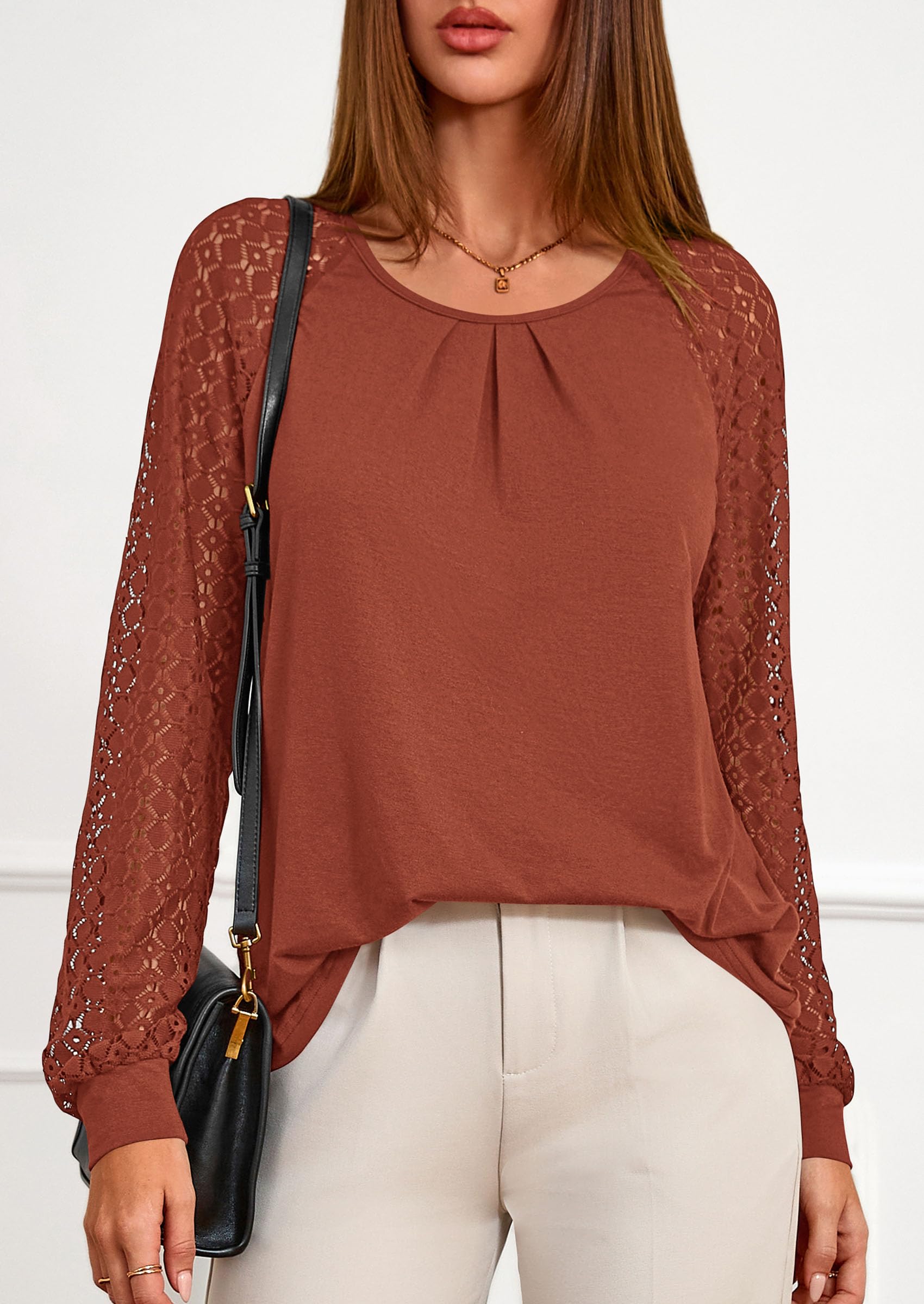 Women's Long Sleeve Shirts Fall Lace Tops,Brick Red,S