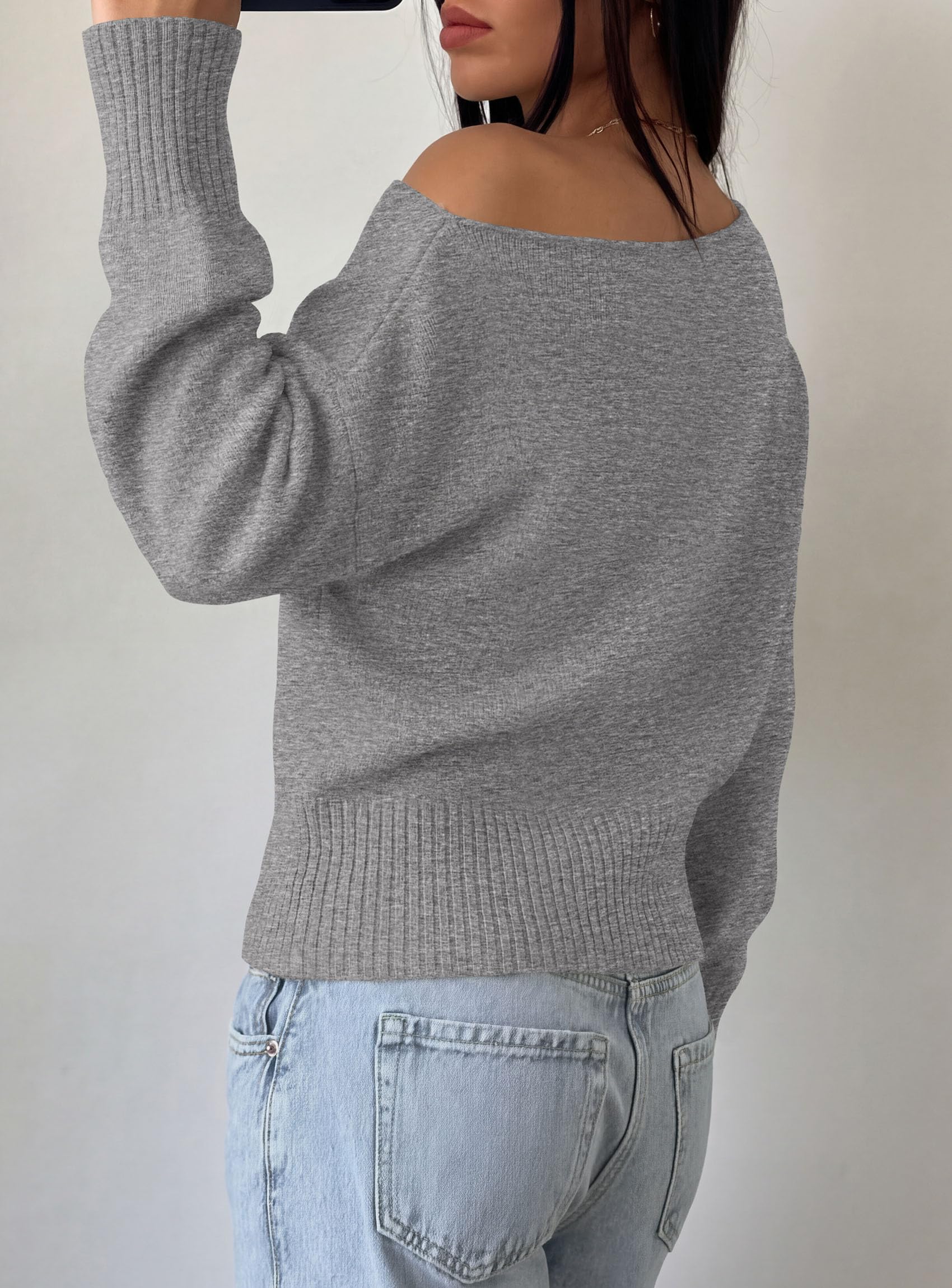 Womens Off The Shoulder Sweater Fall Fashion,Grey,S