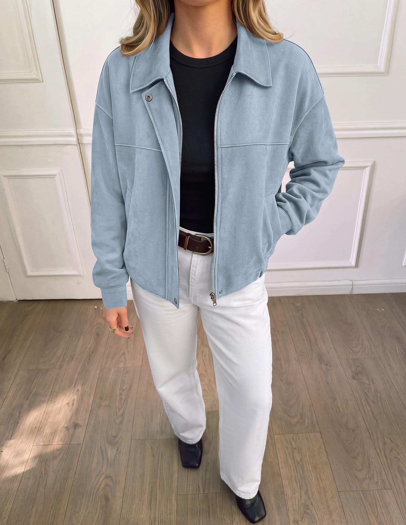 Women's Faux Suede Cropped Fall Jackets,Light Blue,S