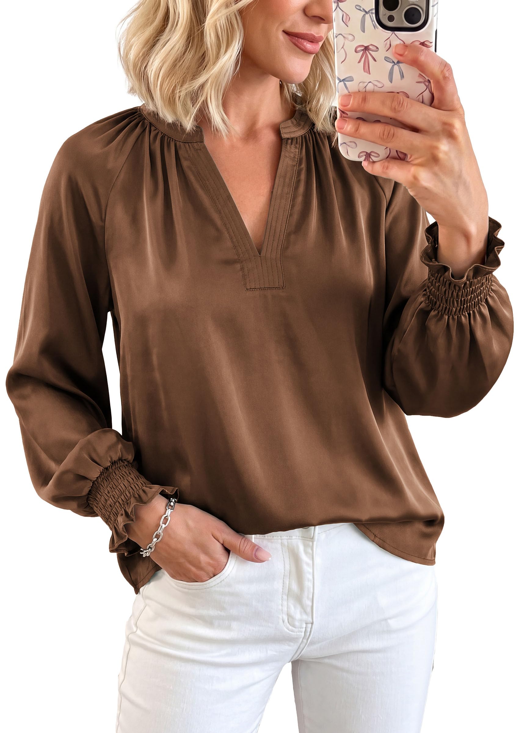 Women's Satin Blouses V Neck Long Sleeve Tops,Brown,S