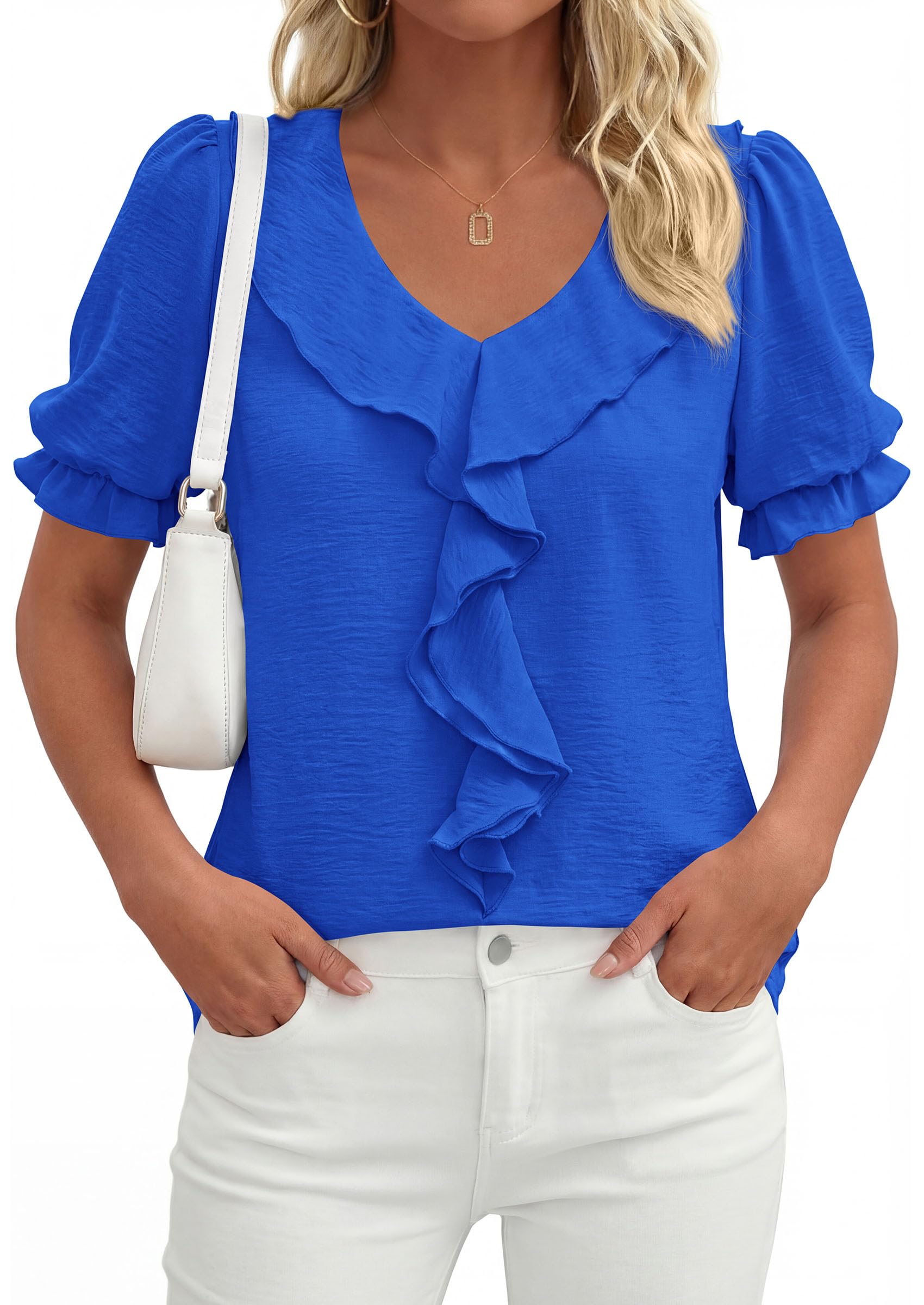 Women's Summer Ruffle Dressy Casual Blouses (Blue,S)