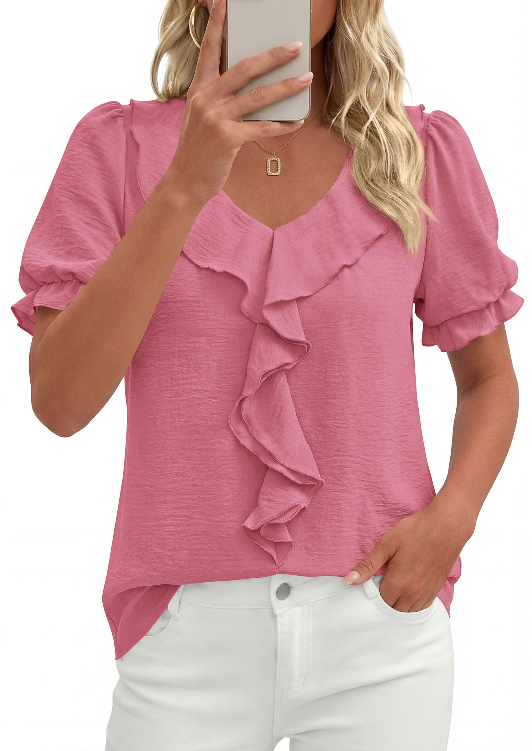 Women's Summer Ruffle Dressy Casual Blouses (Dark Pink,S)