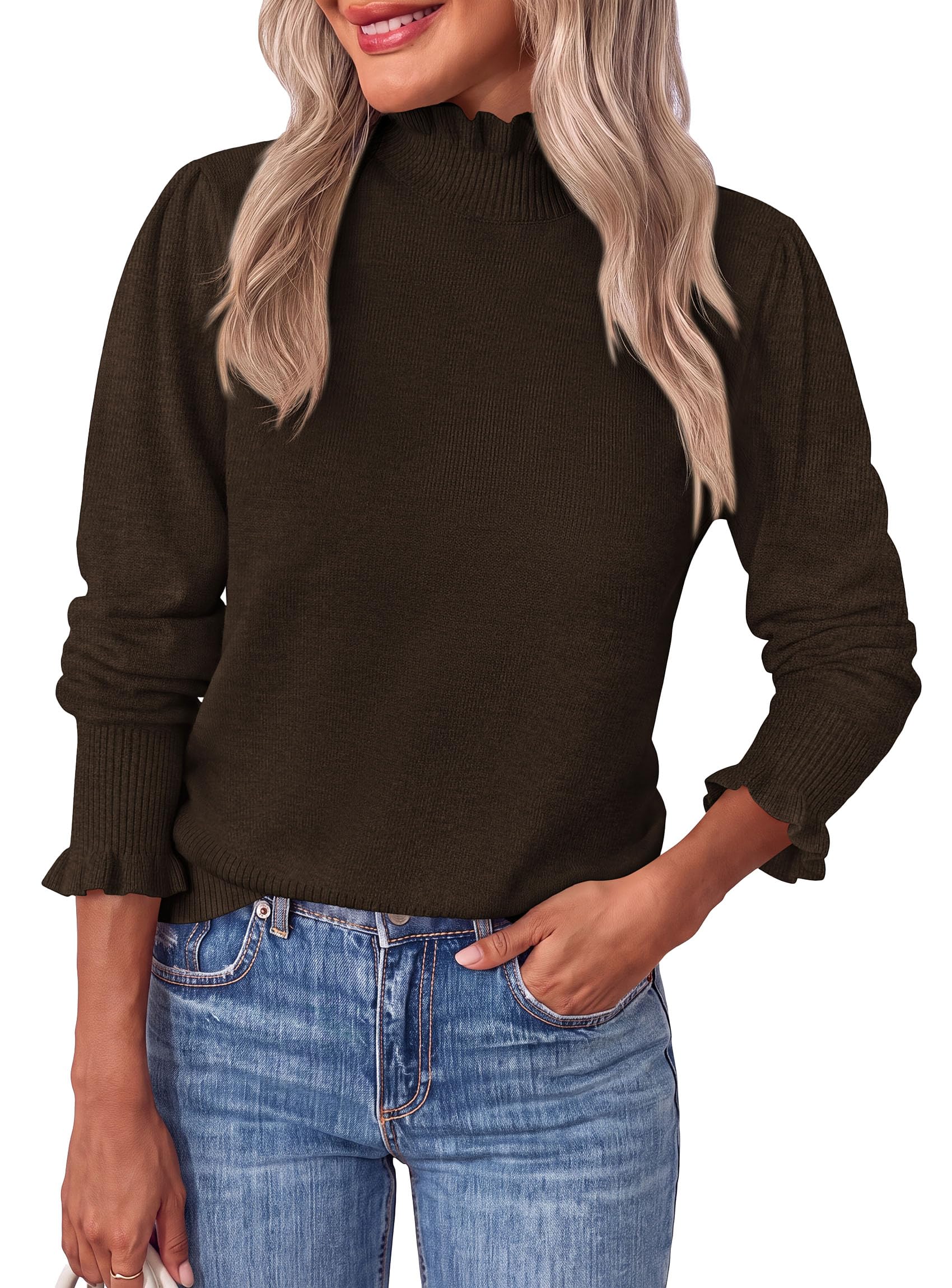 Women's Fall Cozy Sweaters Trendy Ruffle Mock Neck Pullover