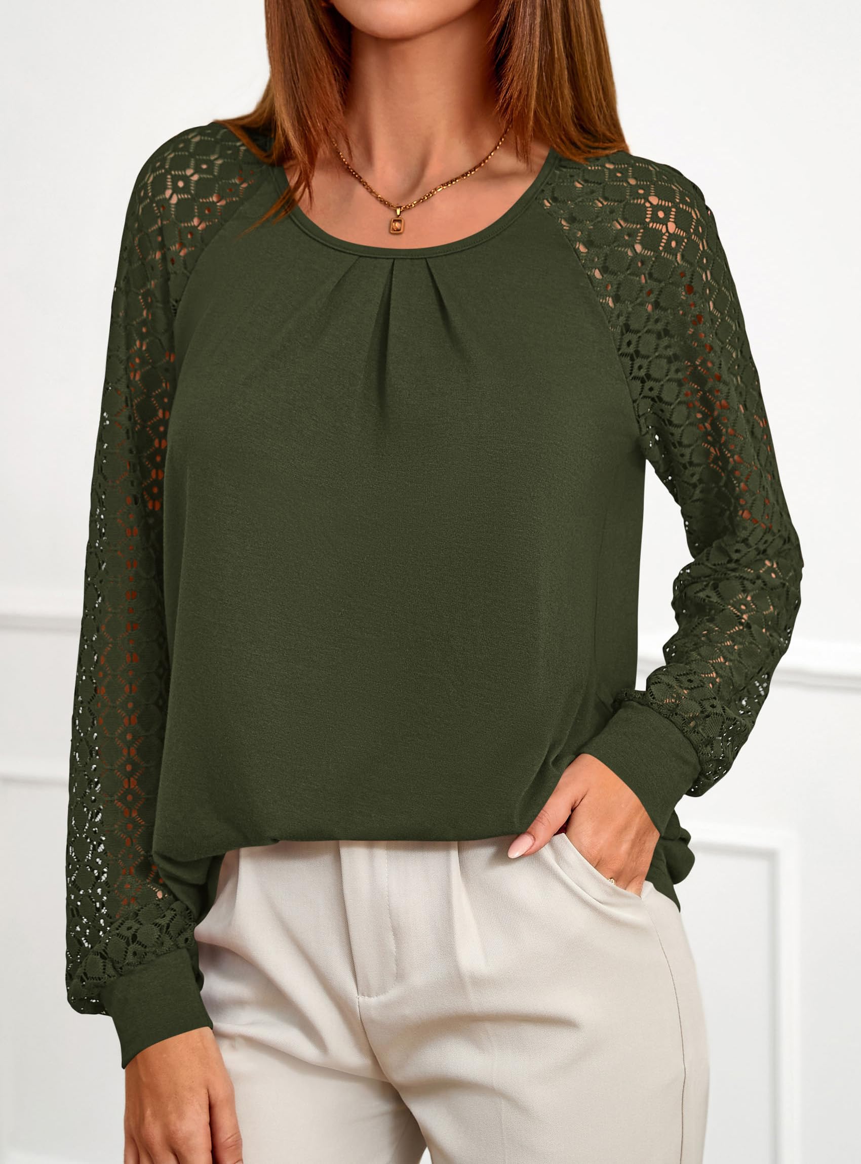 Women's Long Sleeve Shirts Fall Lace Tops,Army Green,S