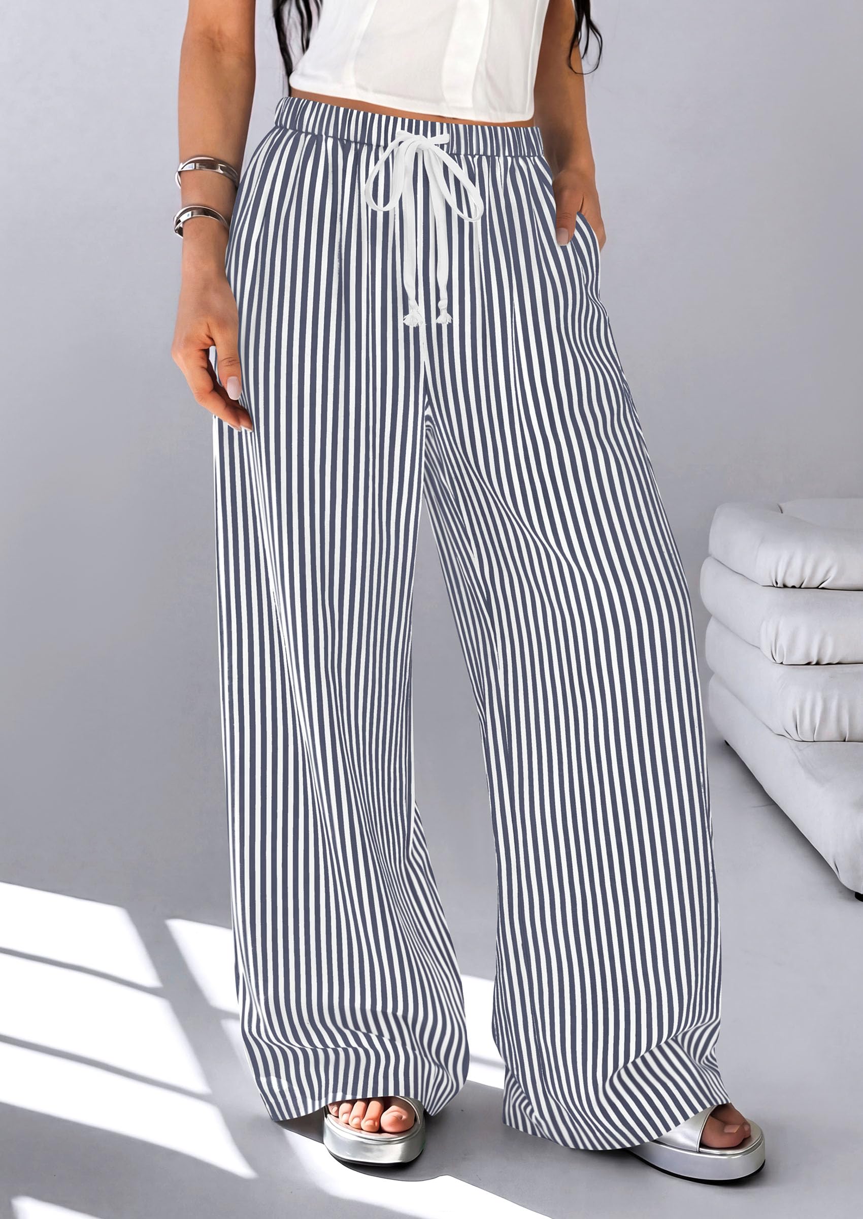 Women's Striped Wide Leg Pants 2026 Casual Palazzo with Pocket