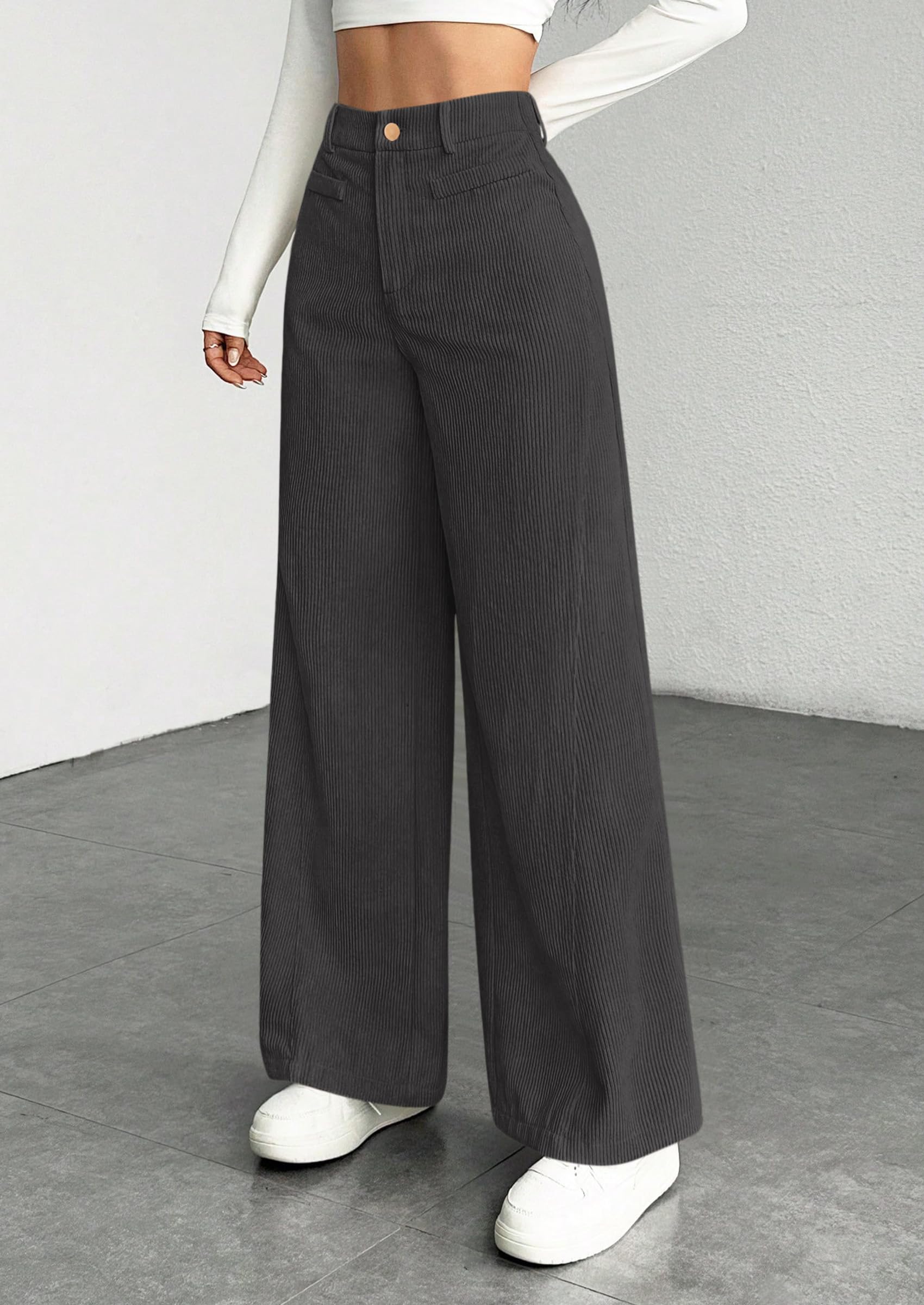 Women's High Waisted Corduroy Pants Casual,Dark Grey,S