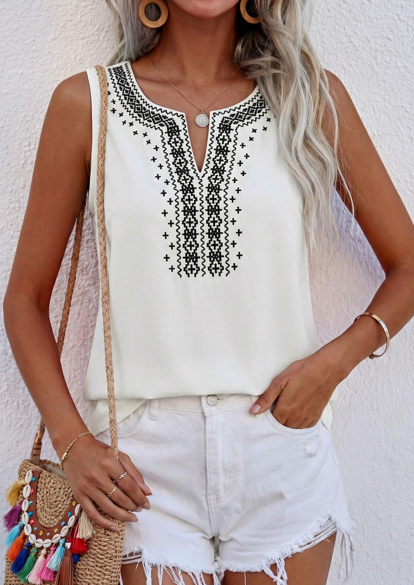 Womens Embroidered Sleeveless Tank Tops White,S