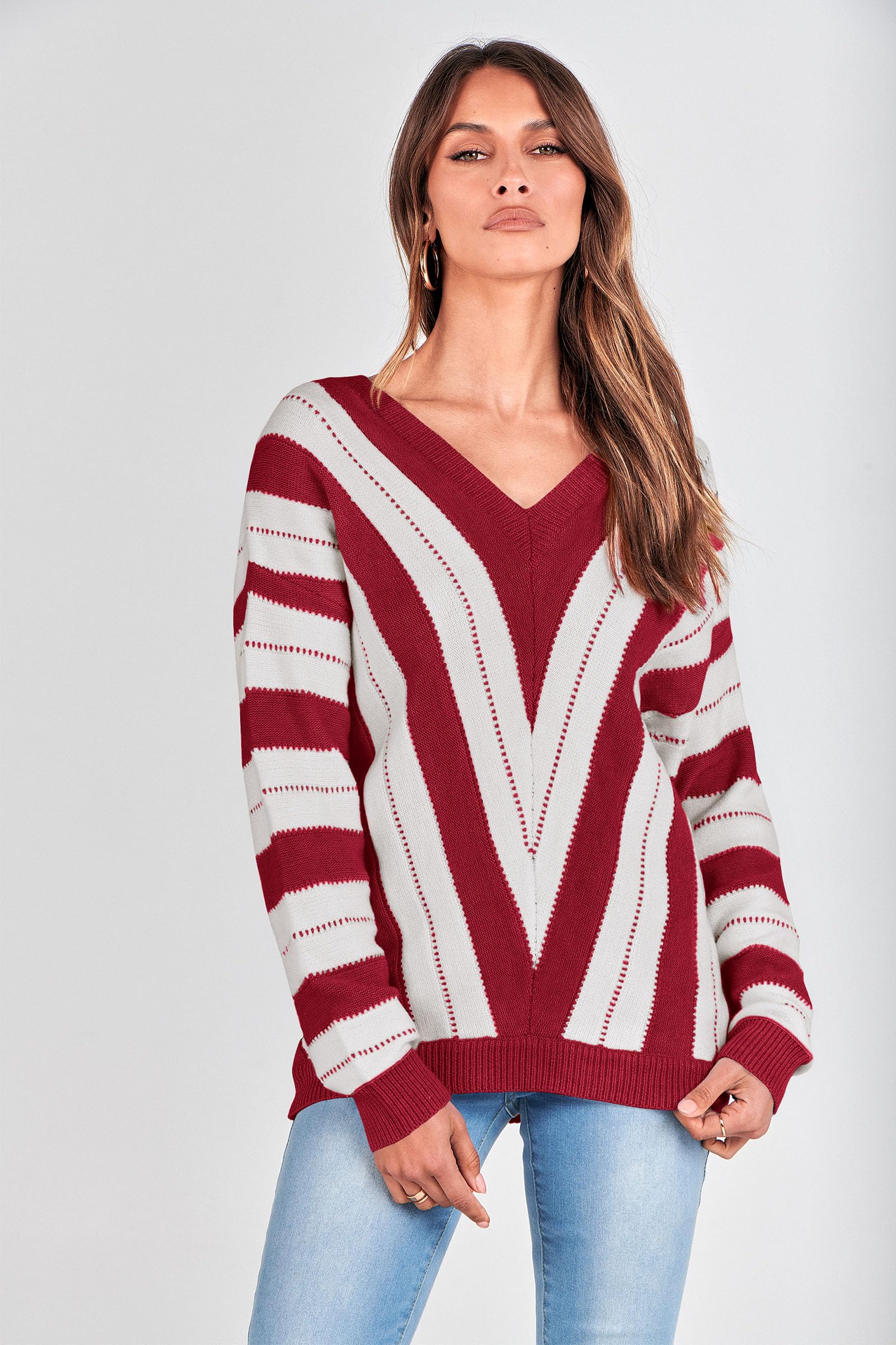 Women's V Neck Striped Knit Pullover Sweater
