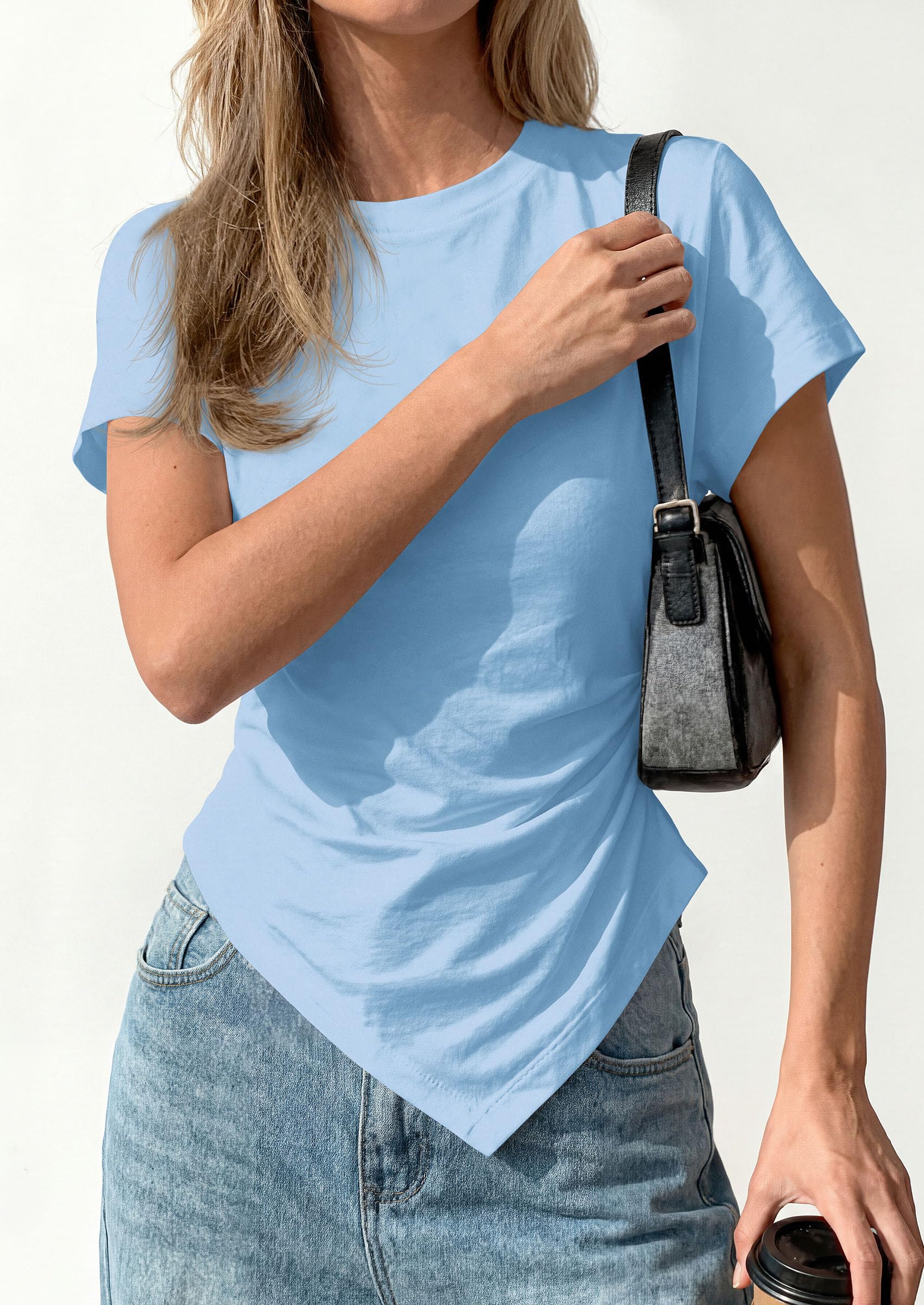 Womens Asymmetrical Summer Short Sleeve Tops,Light Blue,XS