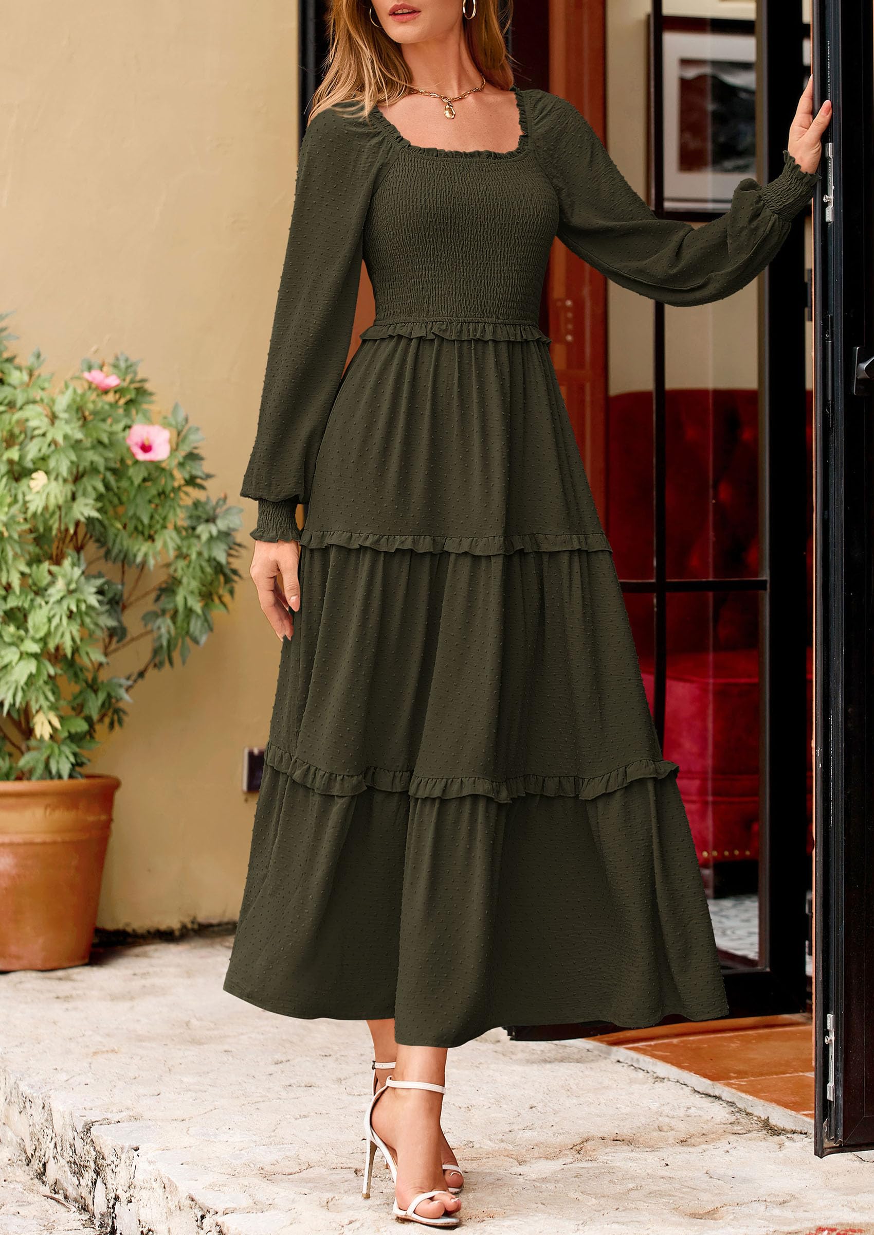 Women's Smocked Long Sleeve Maxi Dress Wedding Guest Dresses