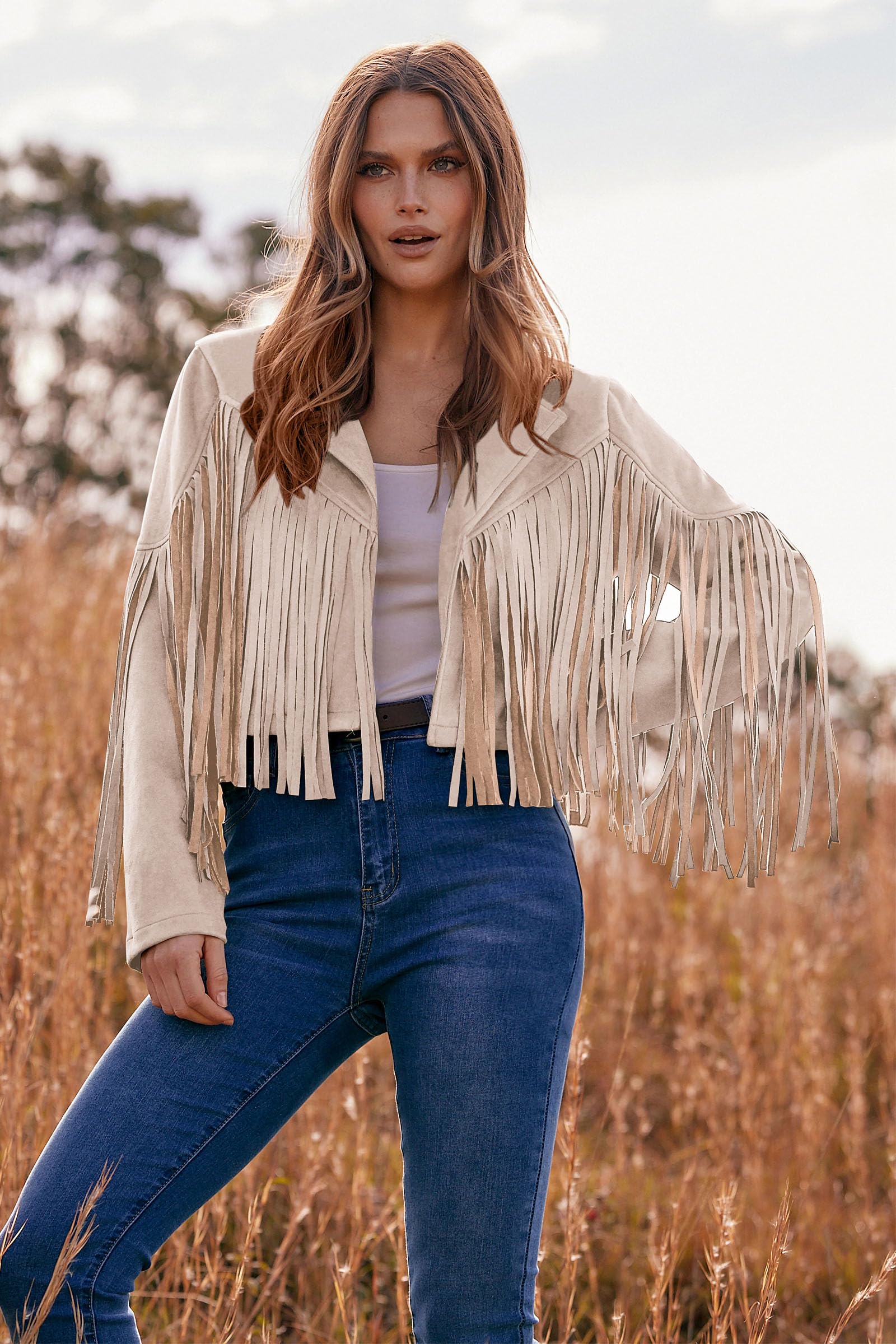 Women's Fringe Faux Suede Leather Jackets,Beige Apricot,S