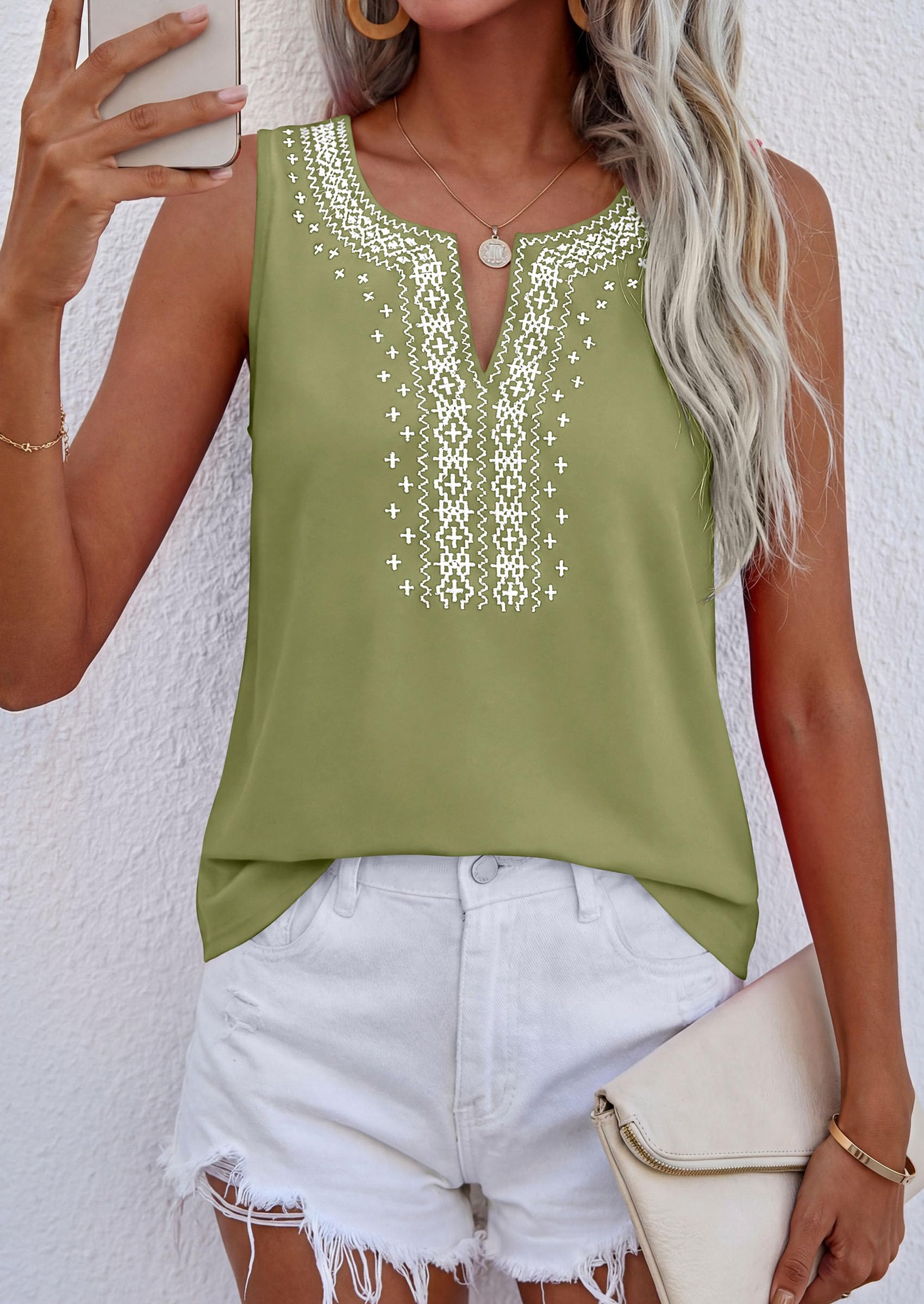 Womens Embroidered Sleeveless Tank Tops Sage Green,S