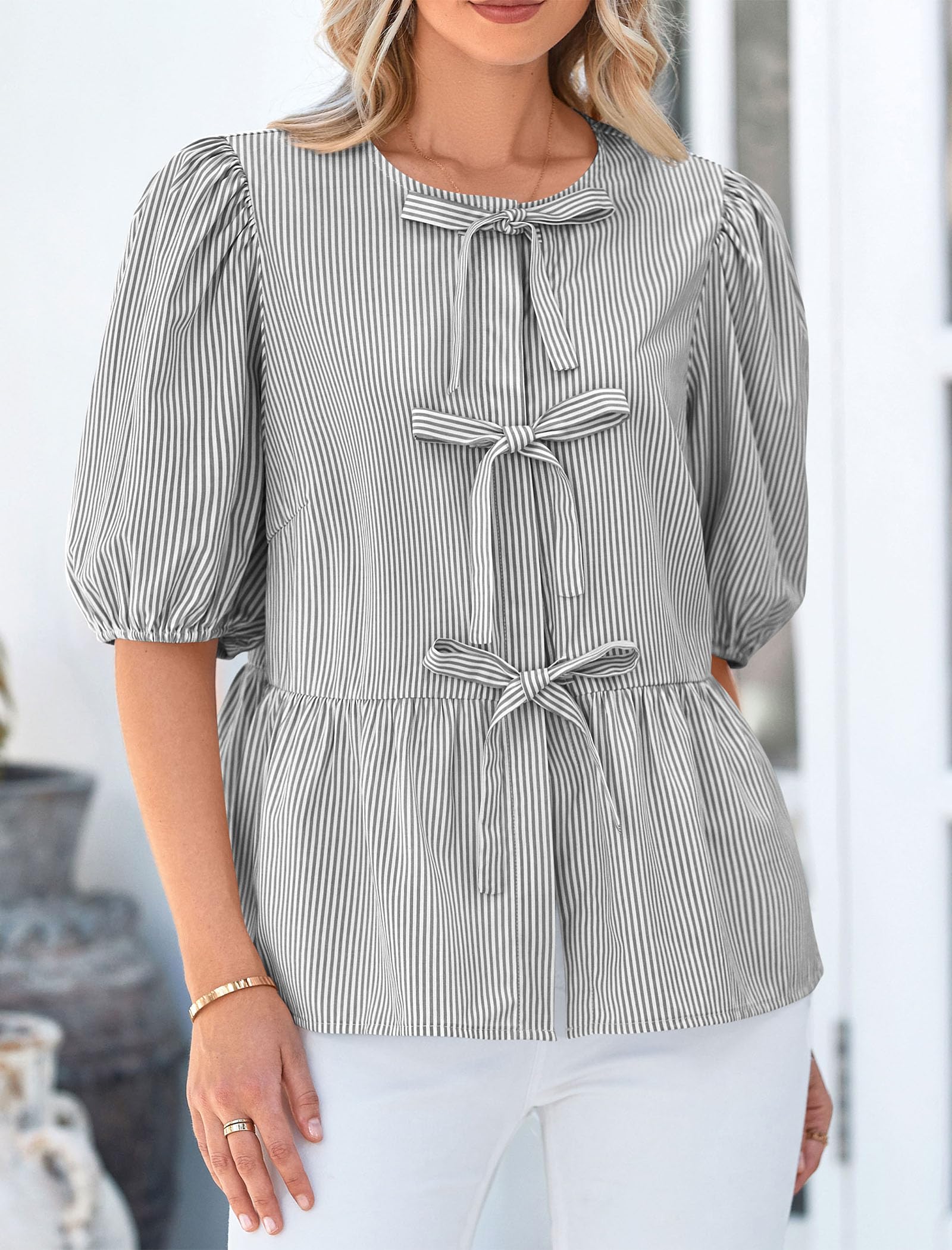 Women Striped Tie Front Babydoll Peplum Tops, Black,S