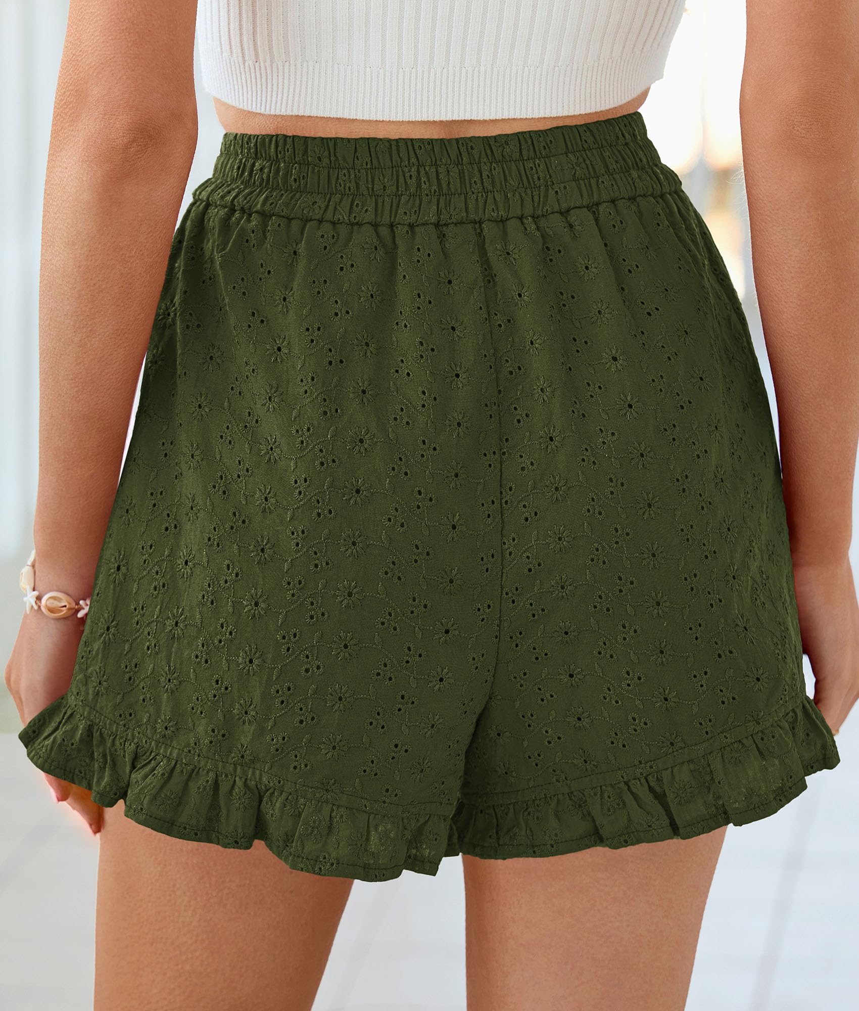 Womens Summer Ruffle Shorts Casual Loose Fit Army Green,S