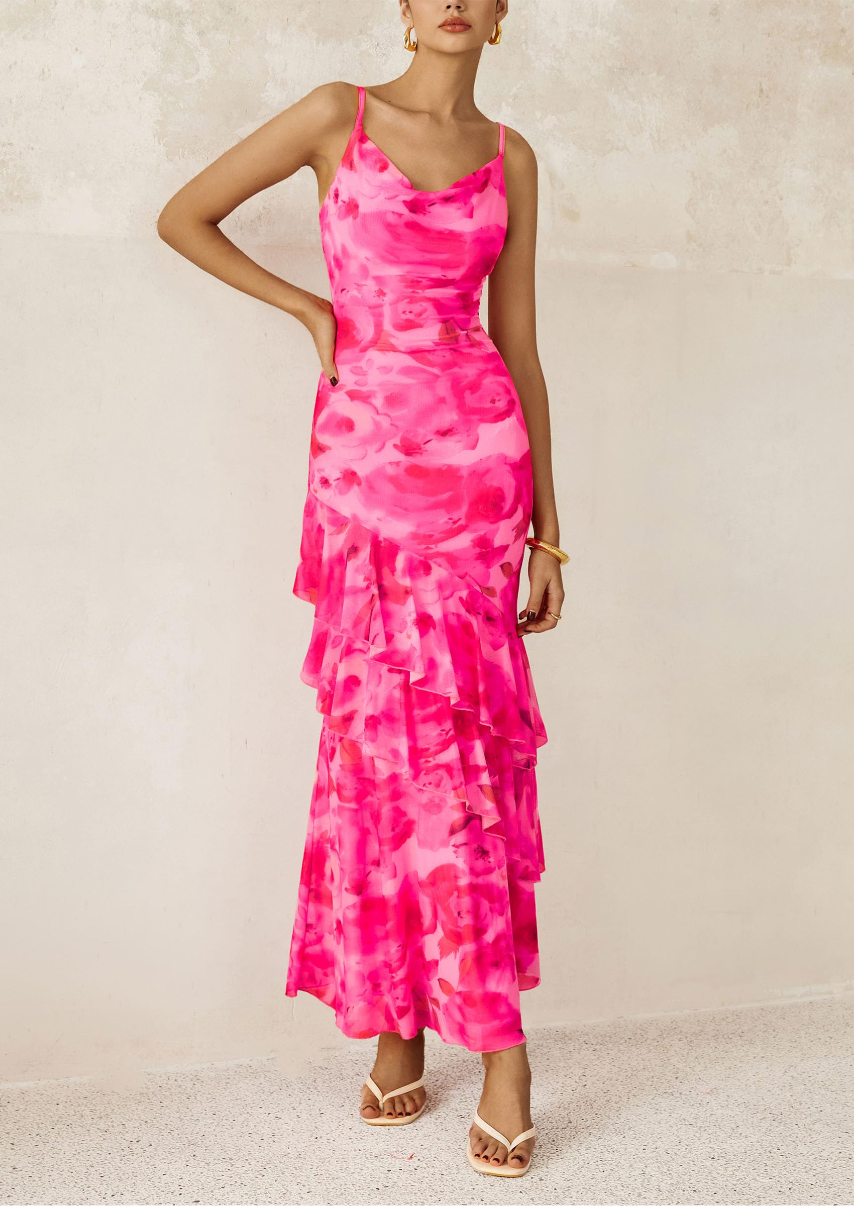 Women's Boho Floral Tiered Maxi Dress, Print Pink,M