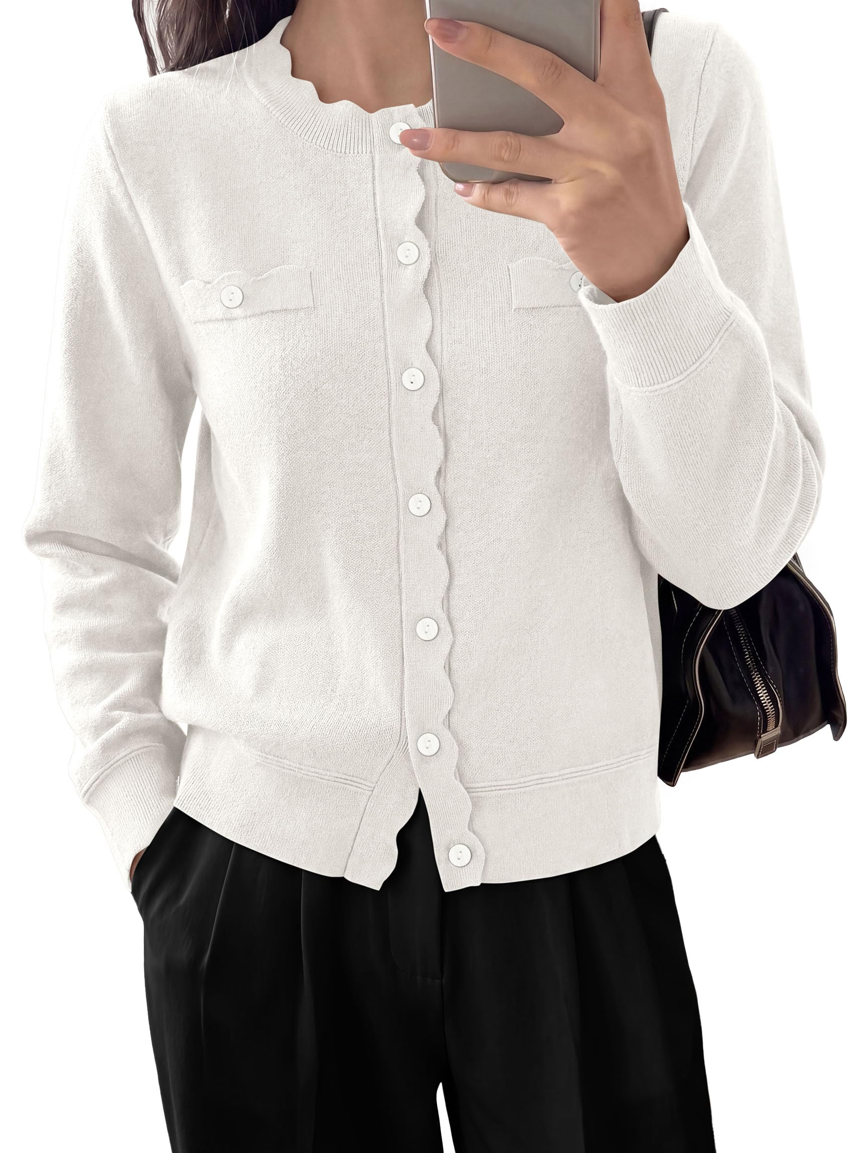 Womens Lightweight Cardigan Sweaters Scalloped Trim Fall Tops