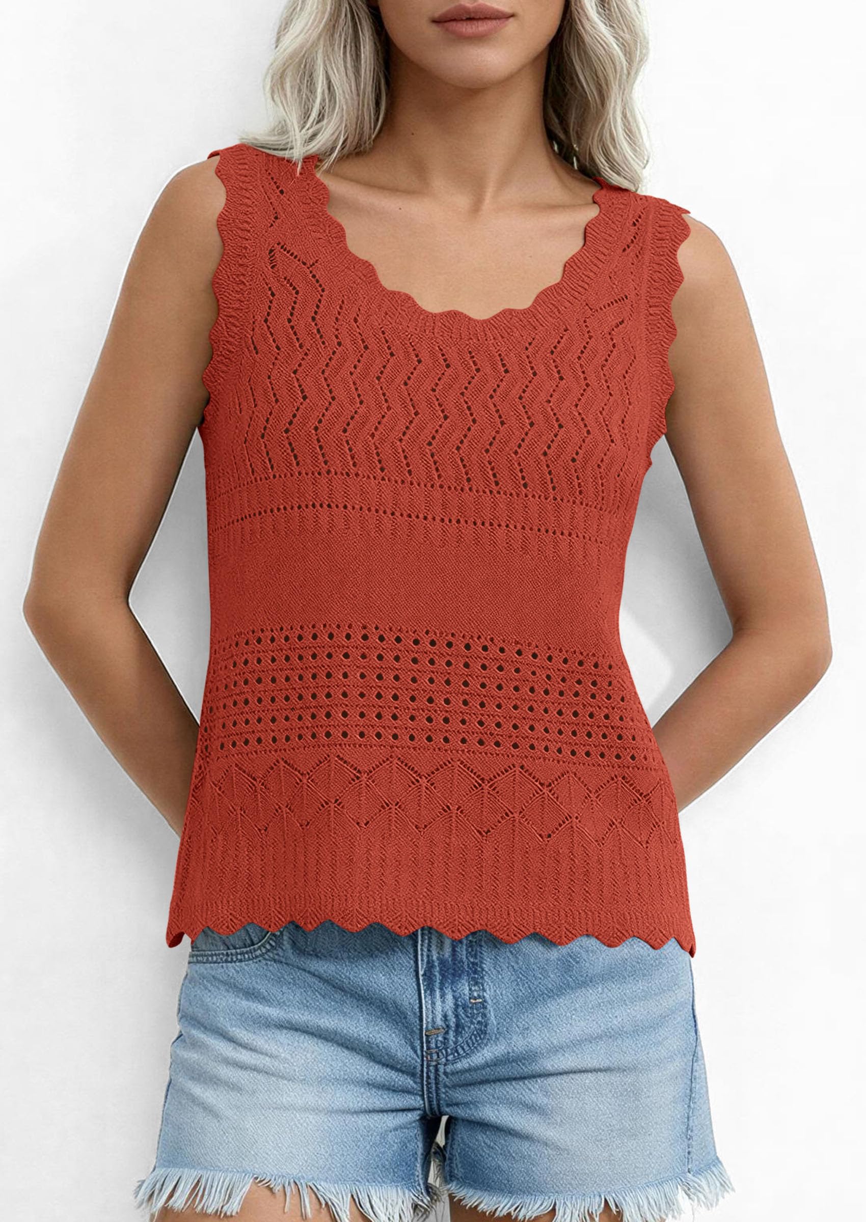 Womens Crochet Tank Tops Knit Sleeveless Vest,Rust Red,S