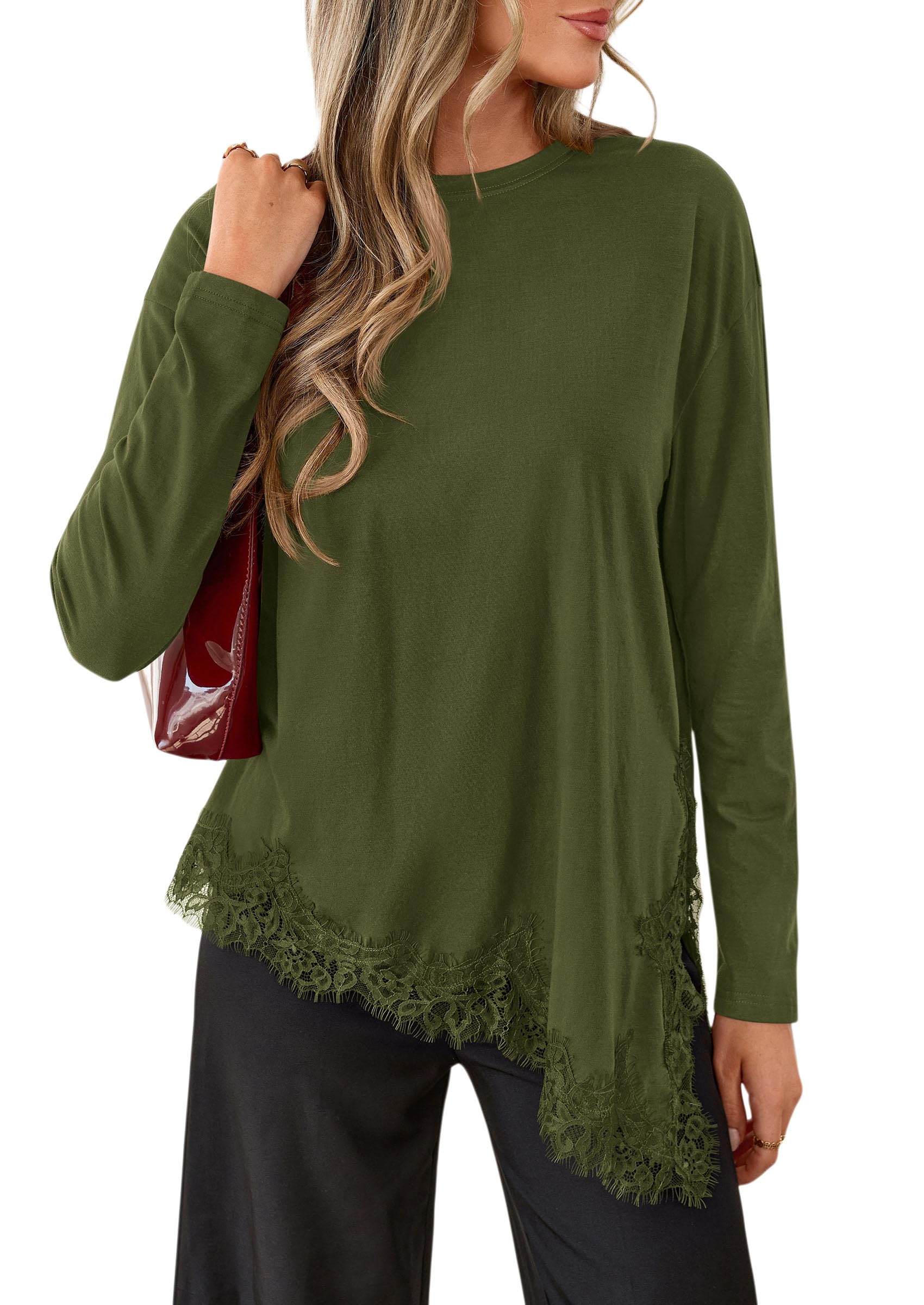 Women's Long Sleeve Asymmetrical Lace Tops Oversized Tshirts