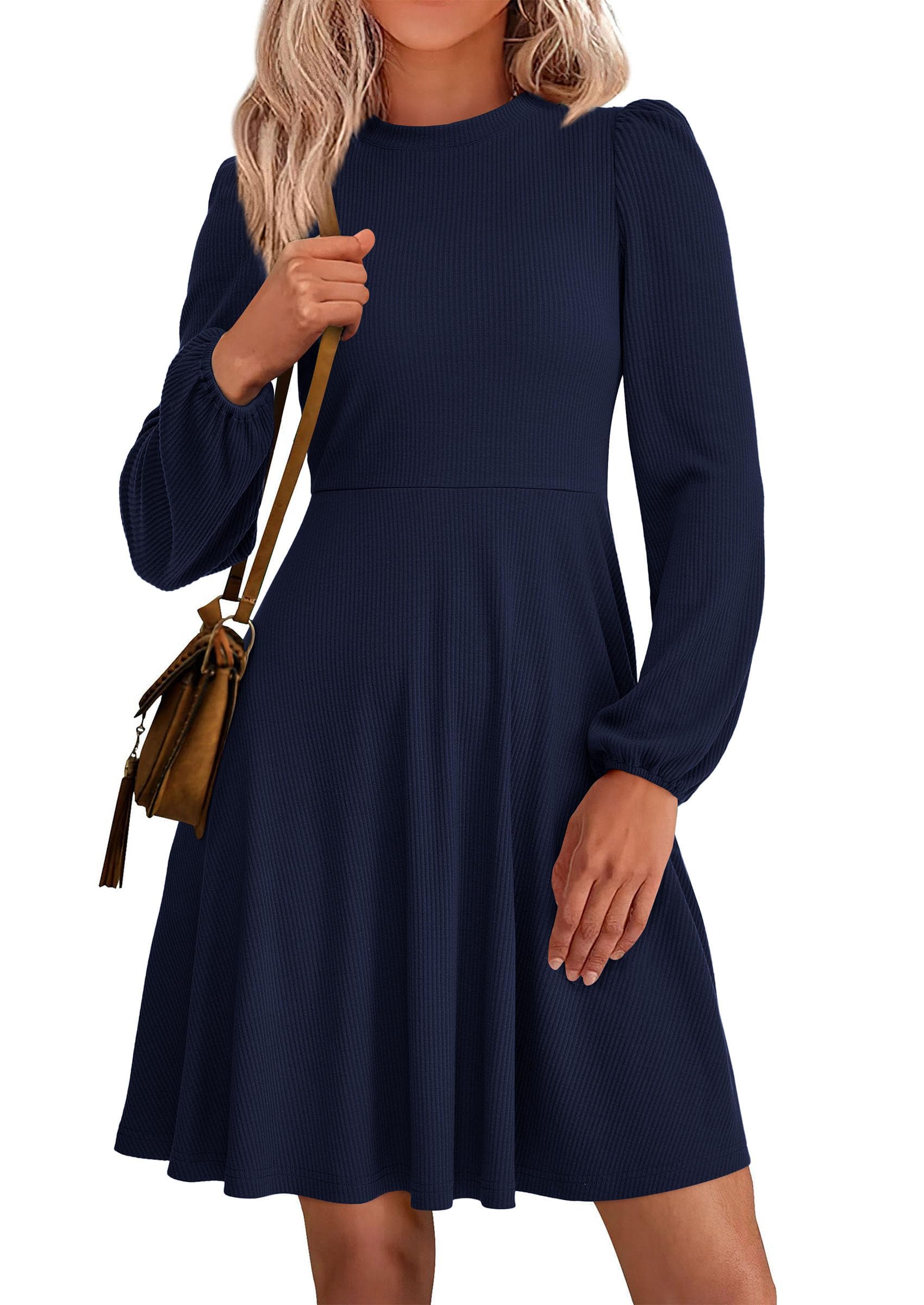 Womens A Line Long Sleeve Mini Dress,Navy Blue,S