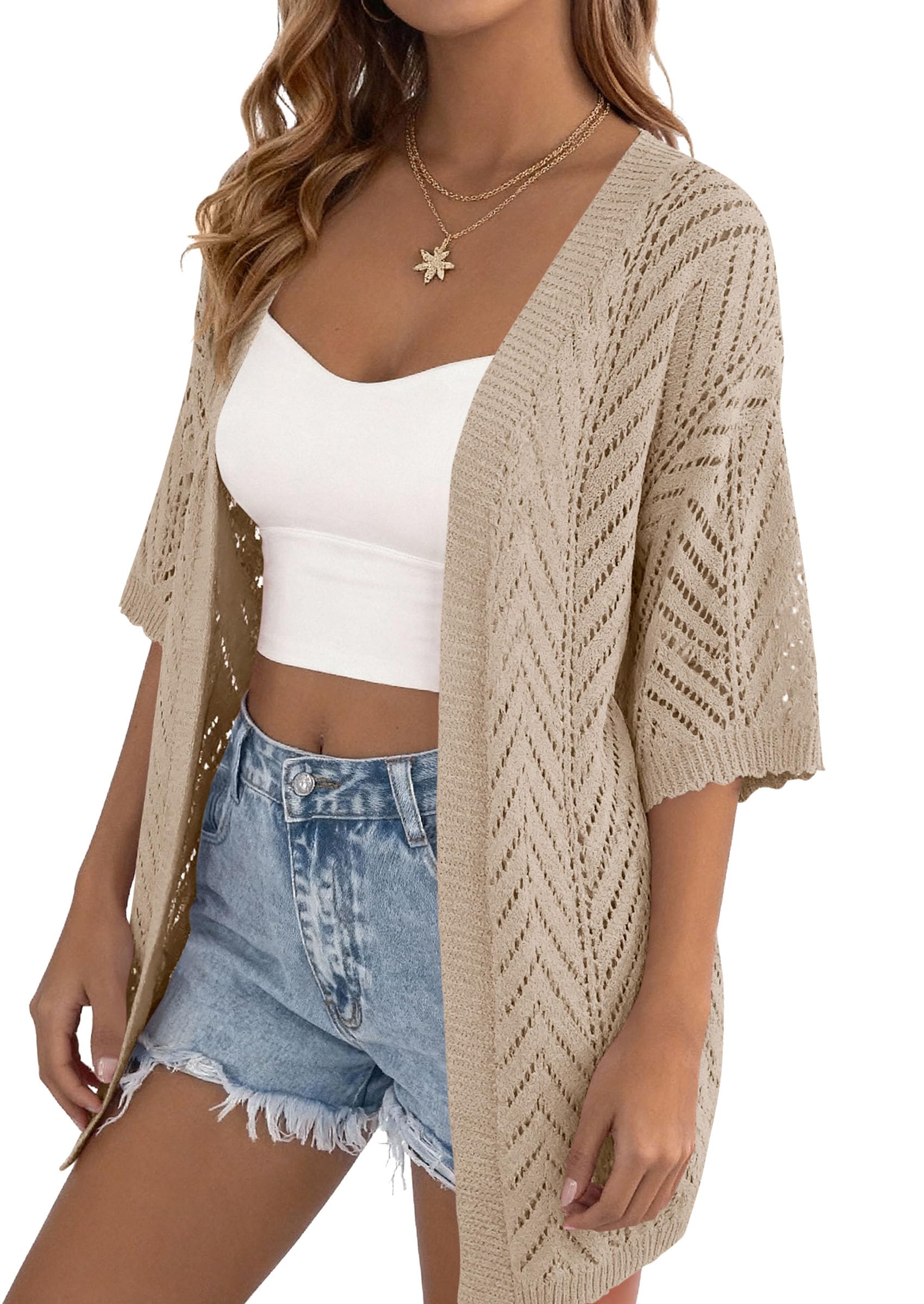 Women Lightweight Summer Short Sleeve Cardigan, Light Khaki,S