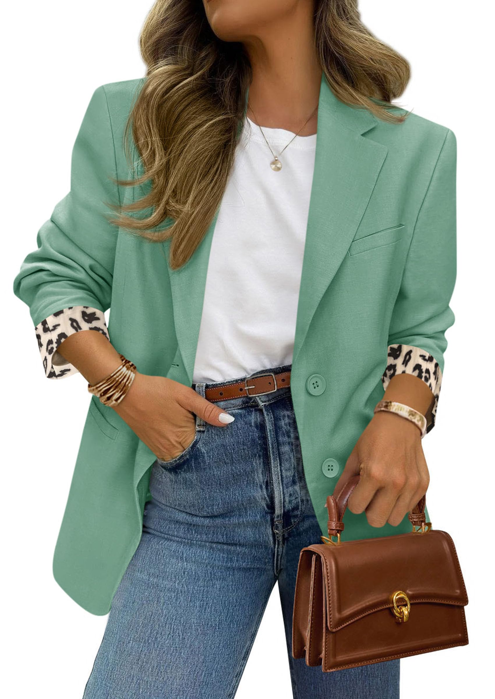 Womens Open Front Leopard Blazers Suit Jackets,Light Green,S