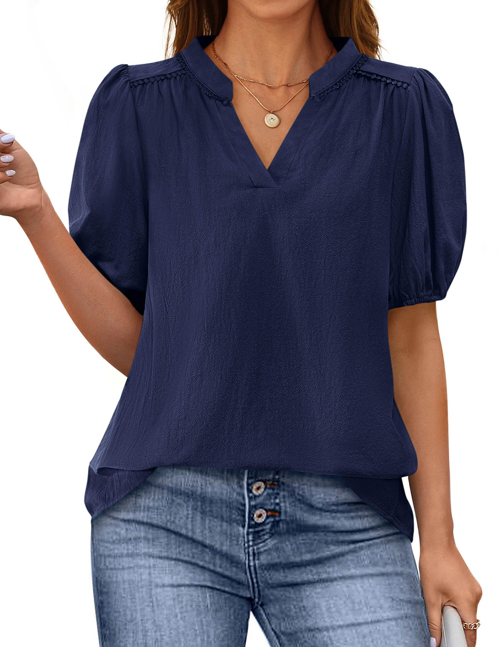 Womens Short Puff Sleeve V Neck Blouses,Navy,S