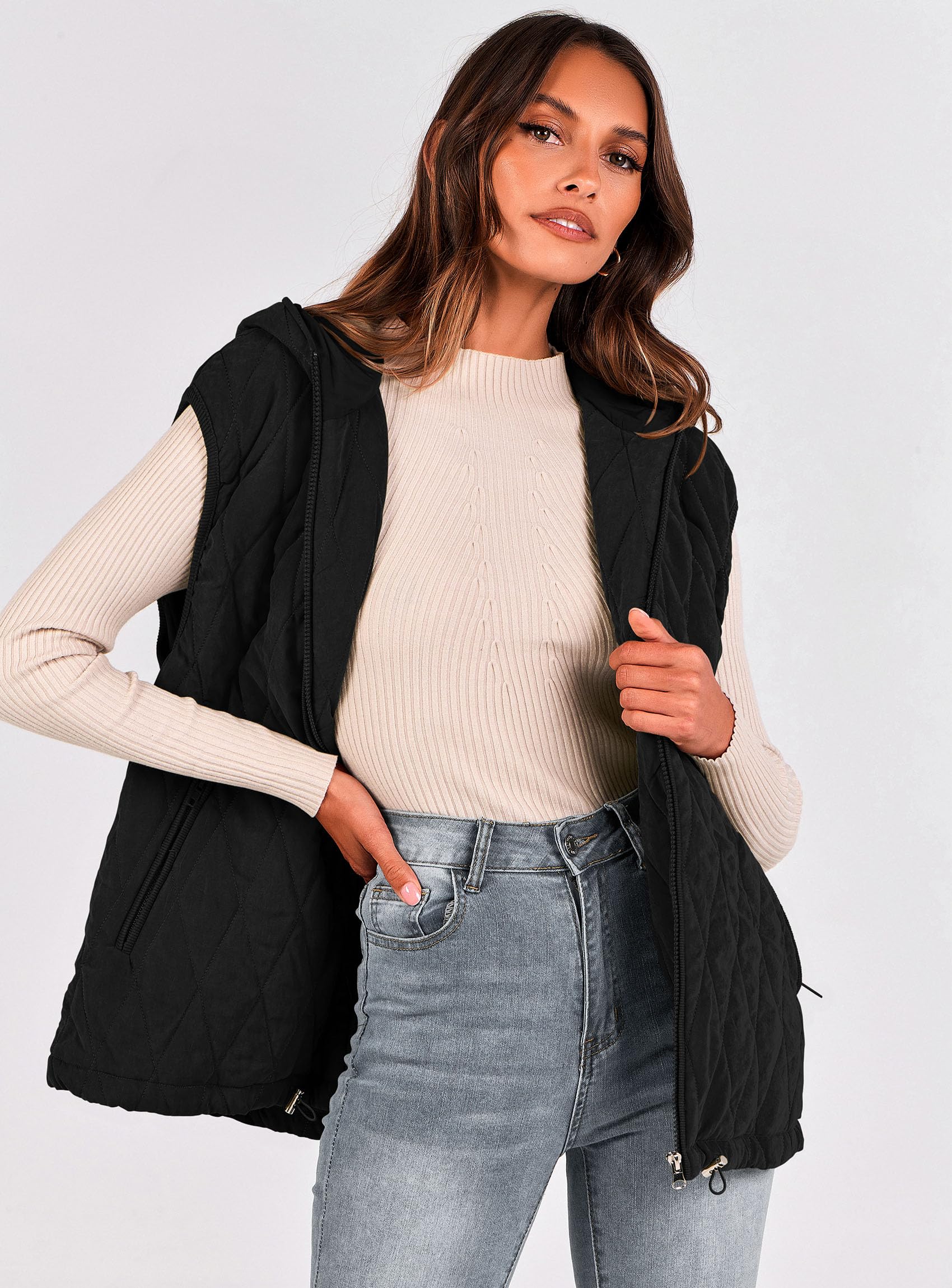 Women's Fall Fashion Vest Zip Up Jacket(Black,Small)