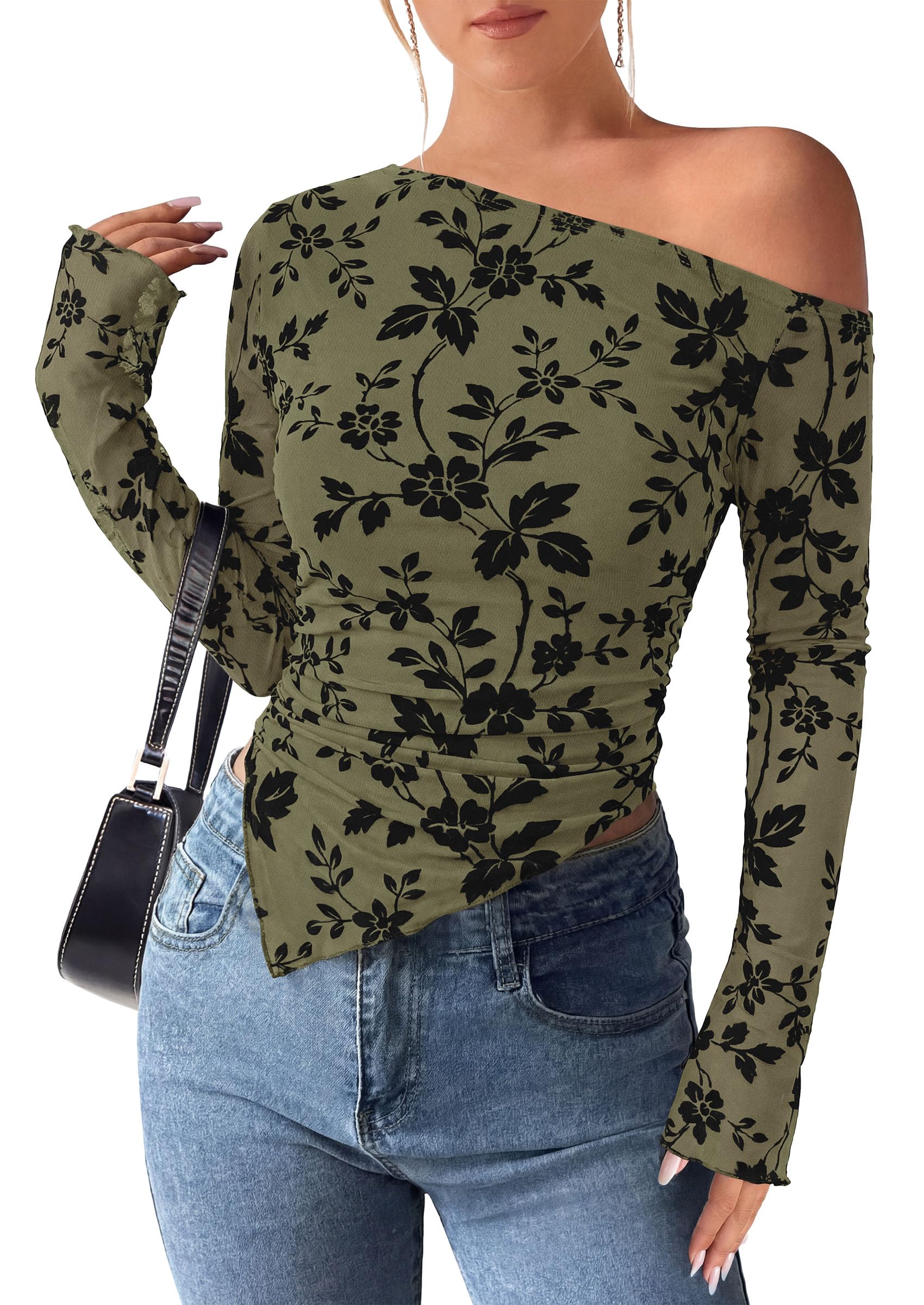 Womens Off Shoulder Mesh Y2k Tops,Army Green,XS