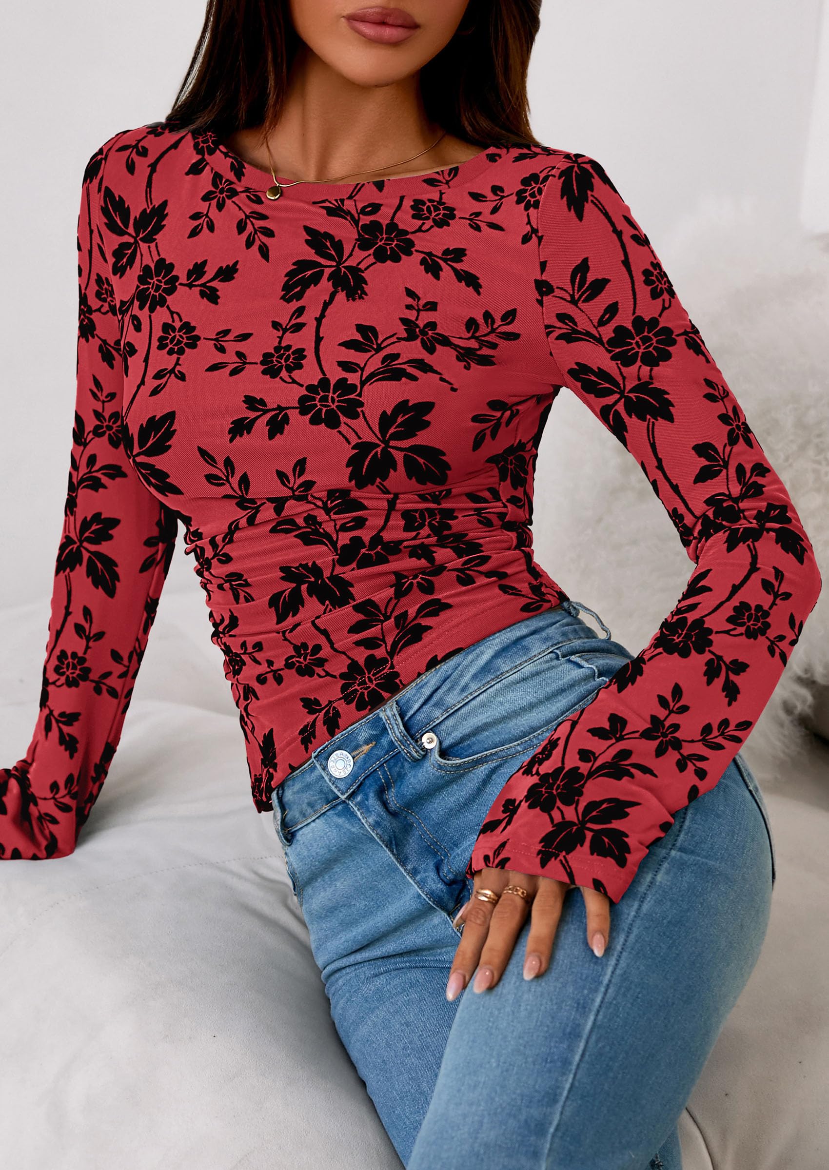 Women's Long Bell Sleeve Y2K Tops Boho Floral Mesh Blouses Red