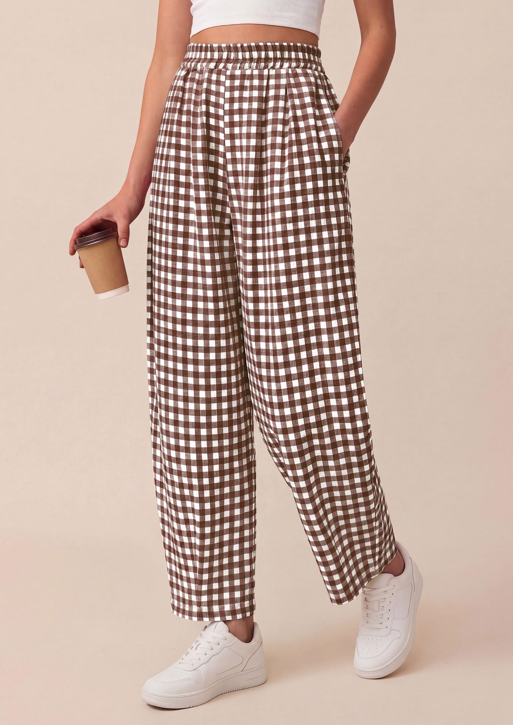 Plaid Barrel Pants Women Summer Bottoms, Brown Plaid,S
