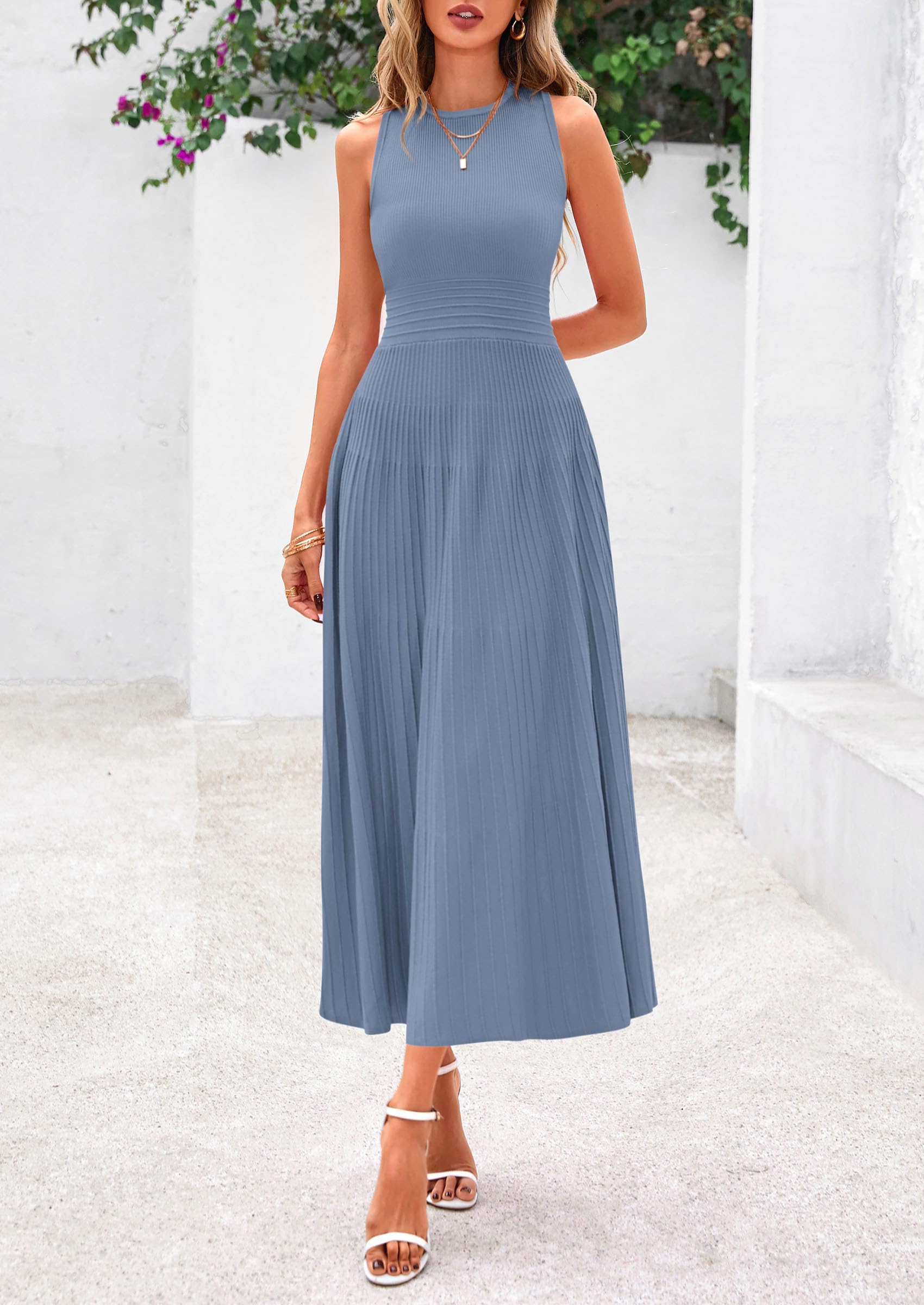 Women's Summer Pleated Midi Work Dress,Blue Grey,S