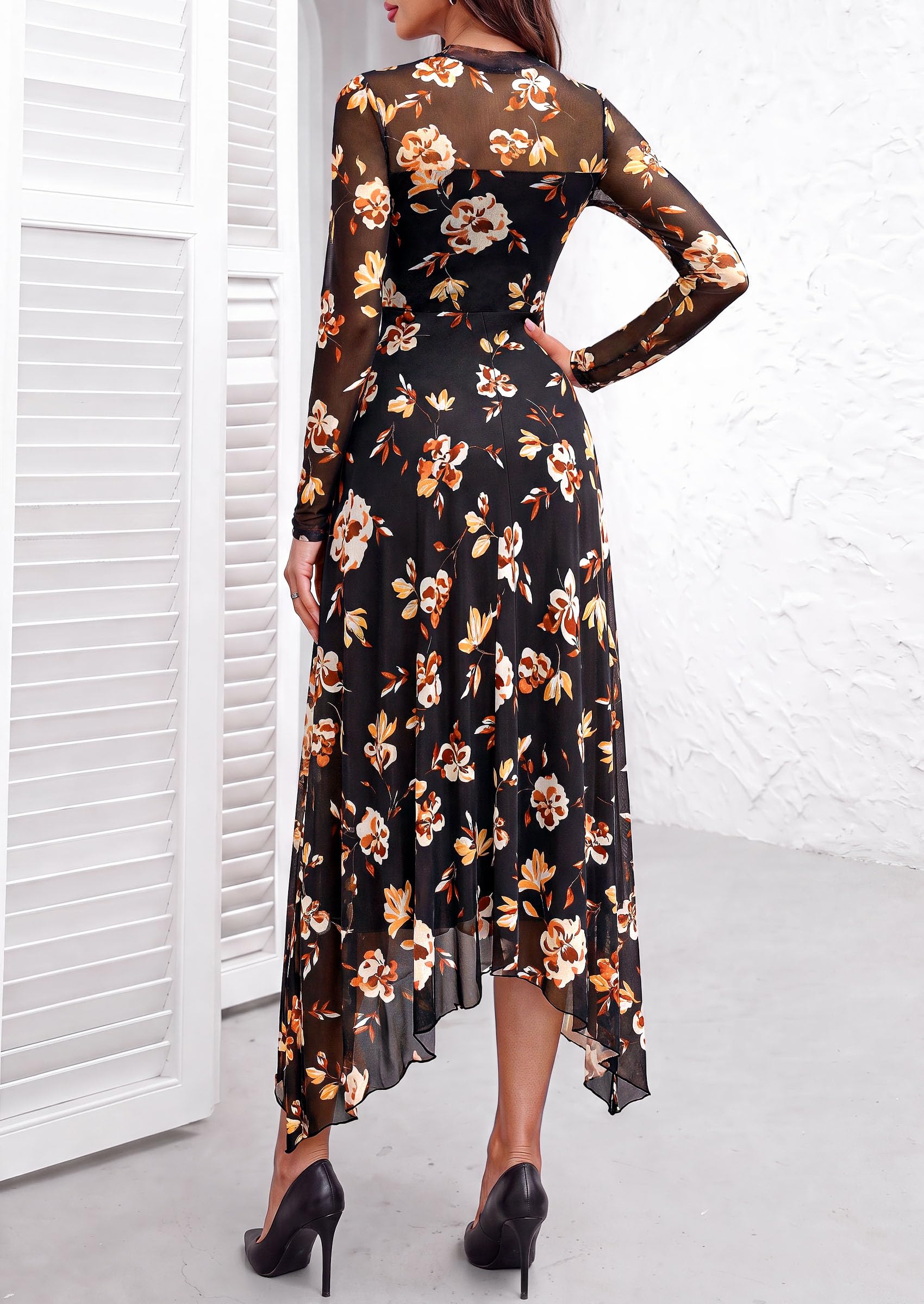 Women's Floral Mesh Midi Dress,Floral Black Yellow White,S