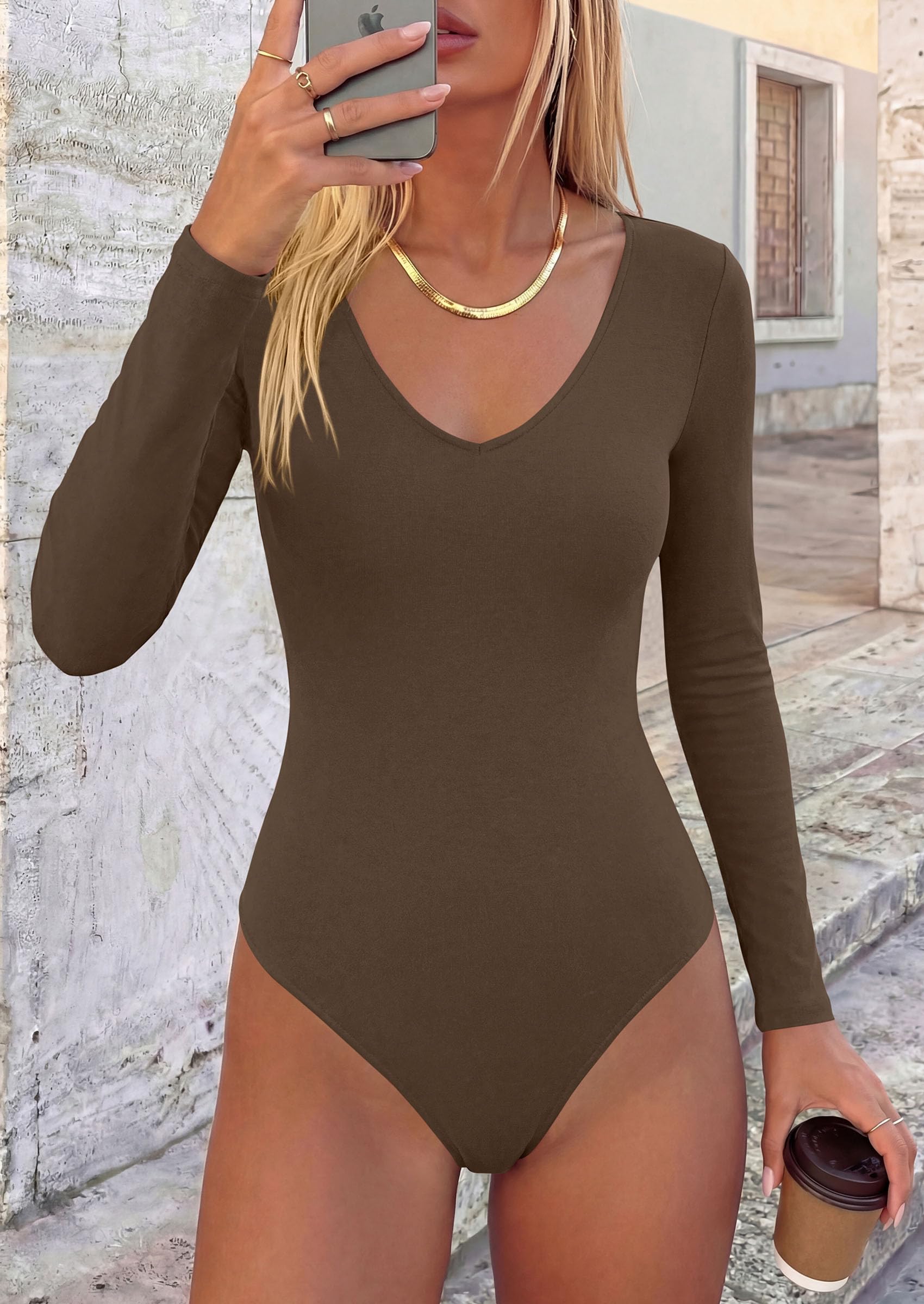 Women's V Neck Long Sleeve Bodysuits Tops (Brown,XS)