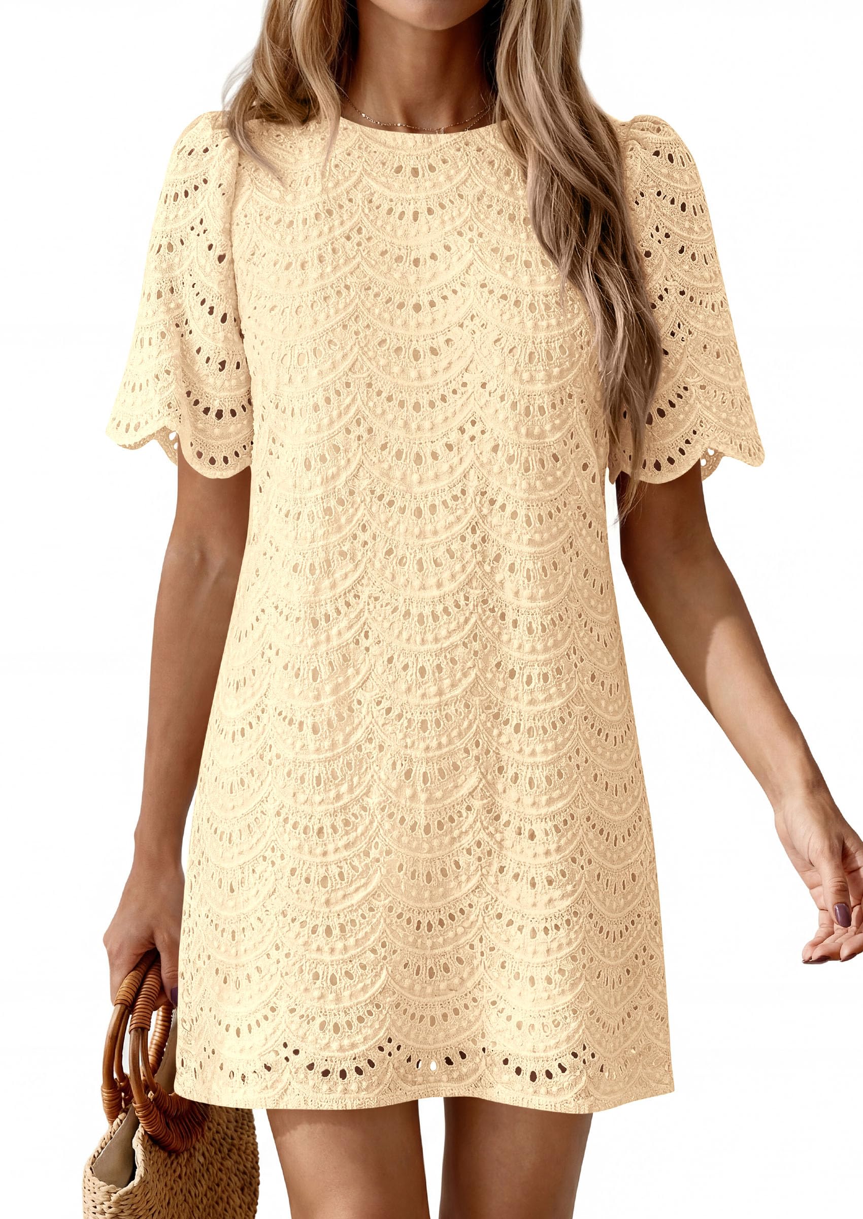 Women's Summer Eyelet Lace Short Dress (Beige,S)