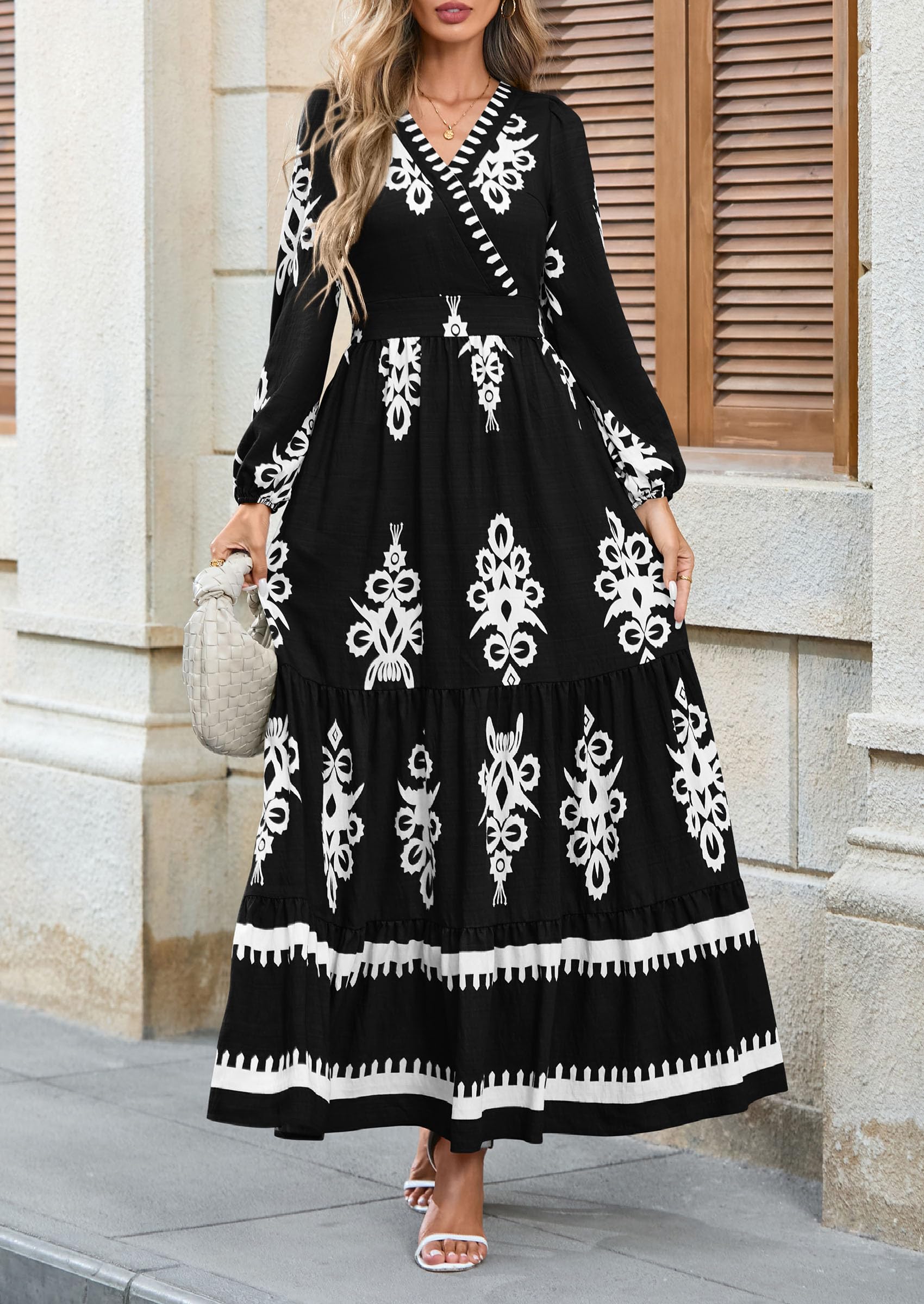 Women's Long Sleeve Floral Boho Maxi Wedding Guest Dress