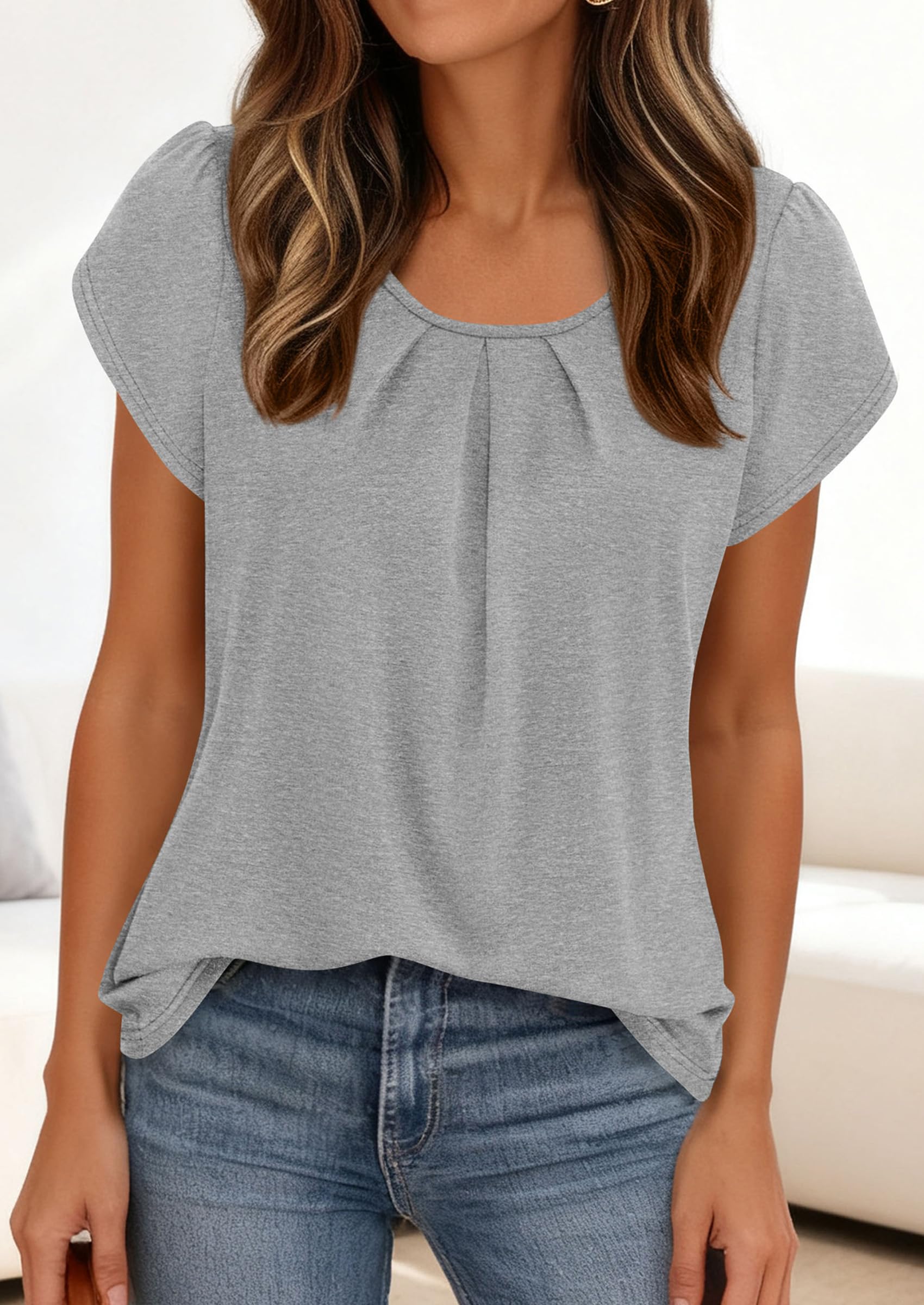 Women's Summer Short Sleeve Tops Casual Blouses,Grey,S