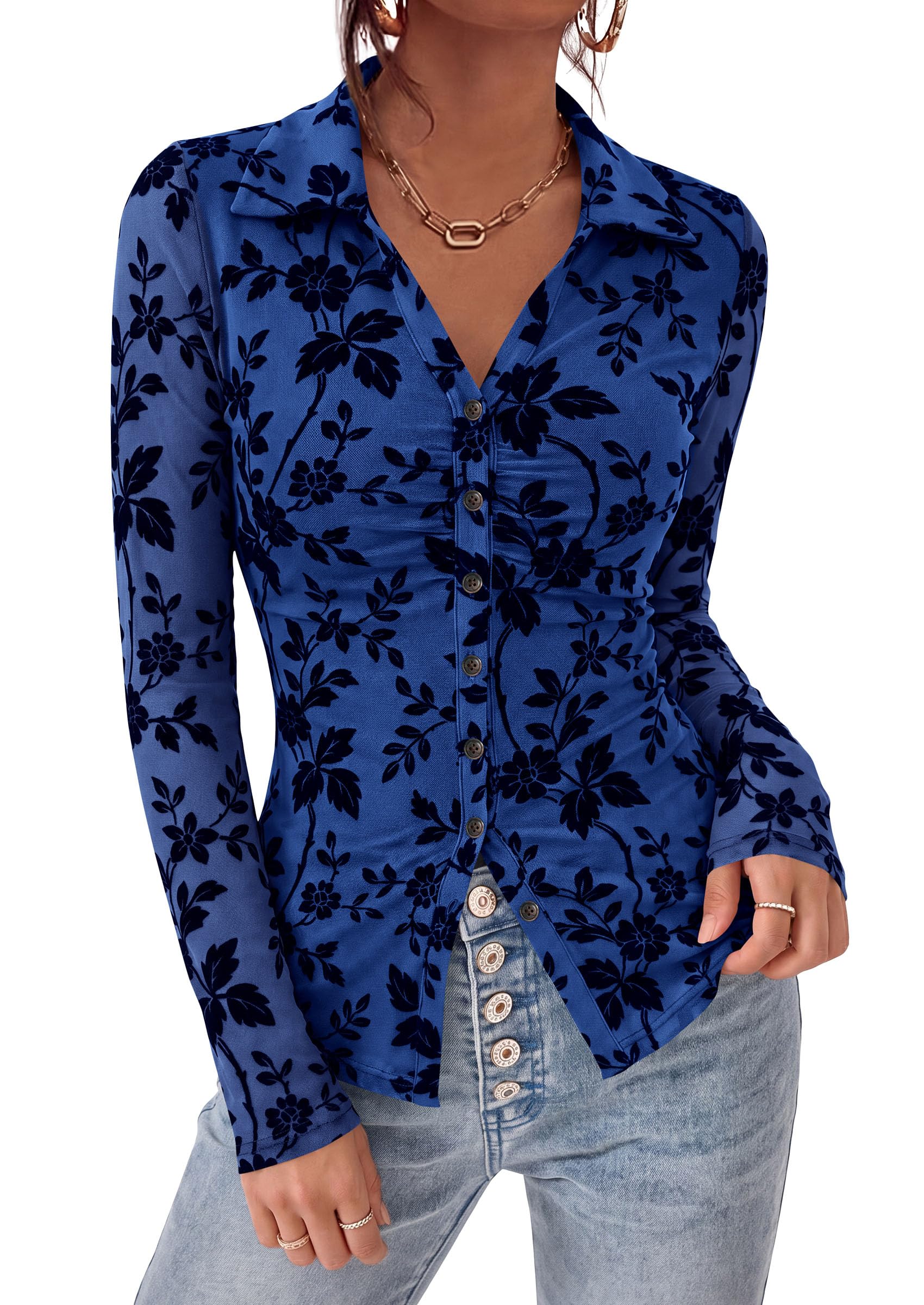 Women's Long Sleeve Floral Mesh Boho Tops Button Down Shirts