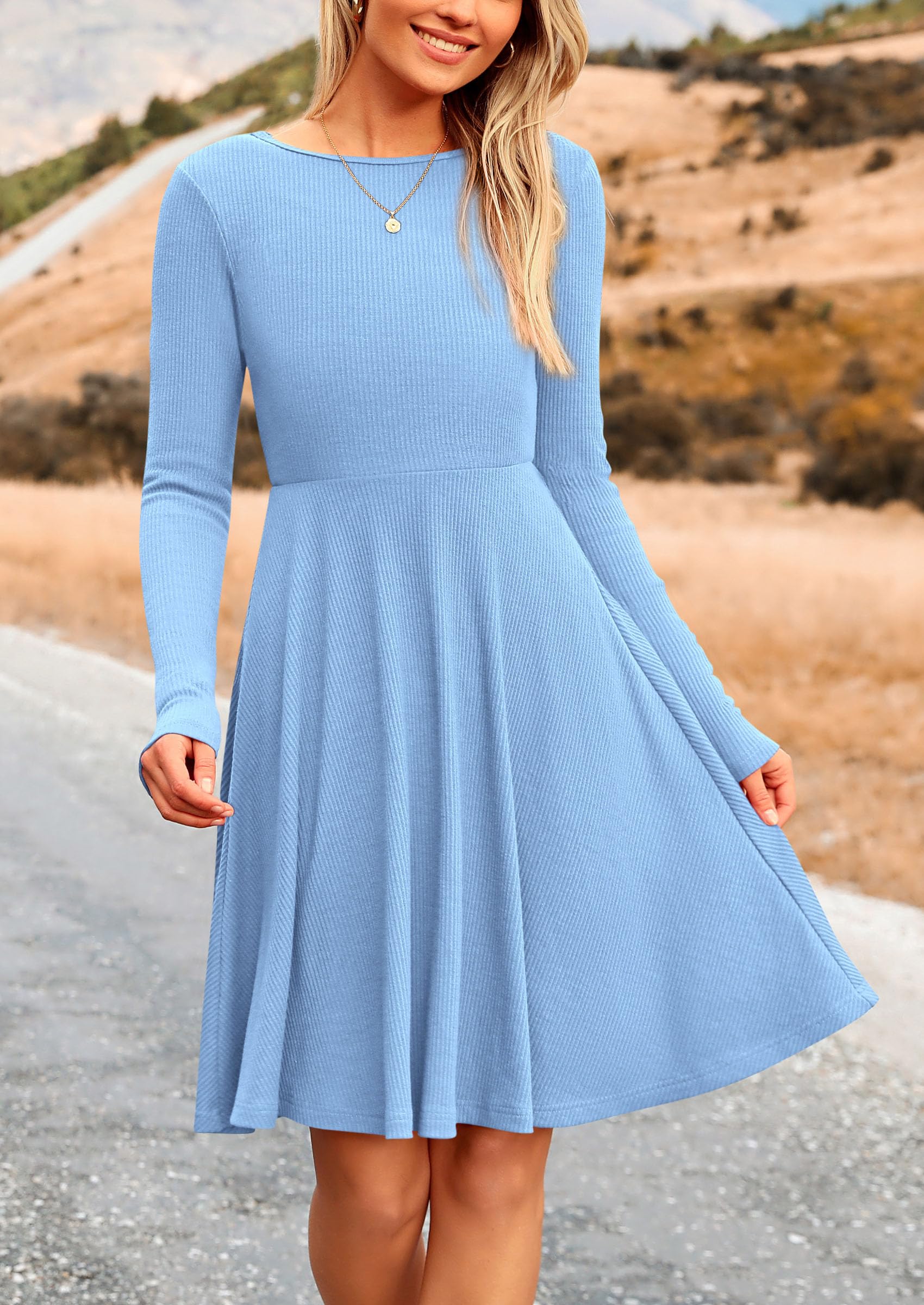 Women's Fall Casual Long Sleeve Short Dress (Sky Blue,S)