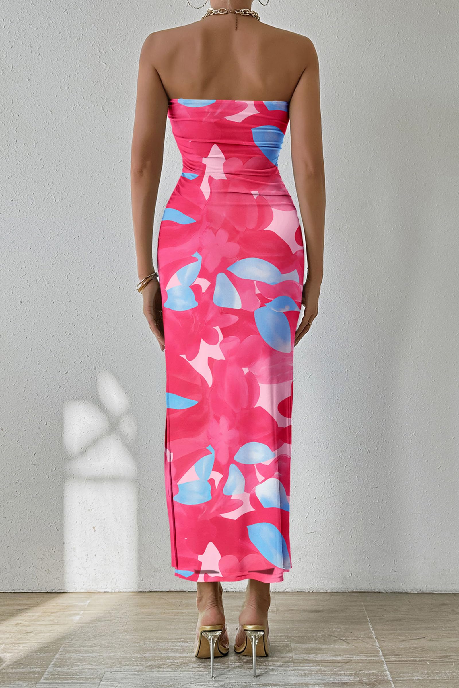 Womens Strapless Bodycon Maxi Dress, Floral Rose Red,S