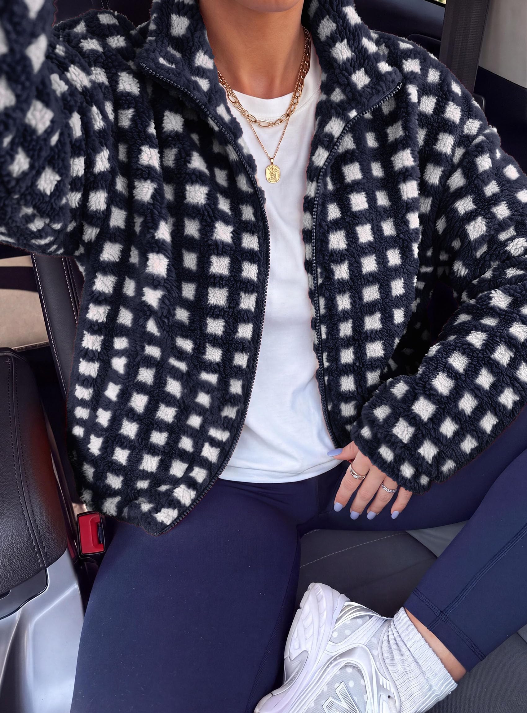 Women's Gingham Sherpa Fleece Jacket Plaid Cropped Teddy Coat