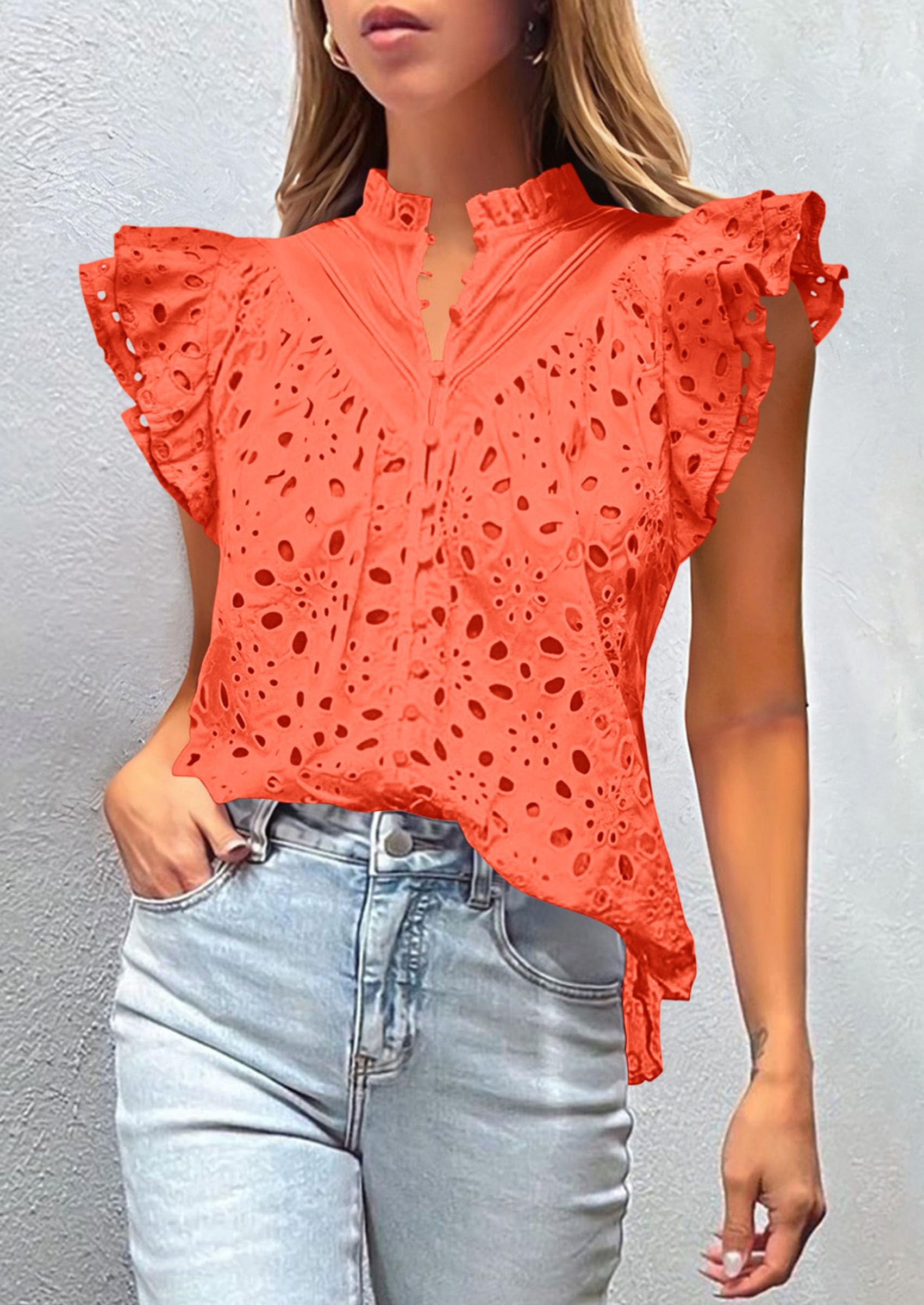 Women's Eyelet V Neck Summer Tops Dressy Casual Orange,S
