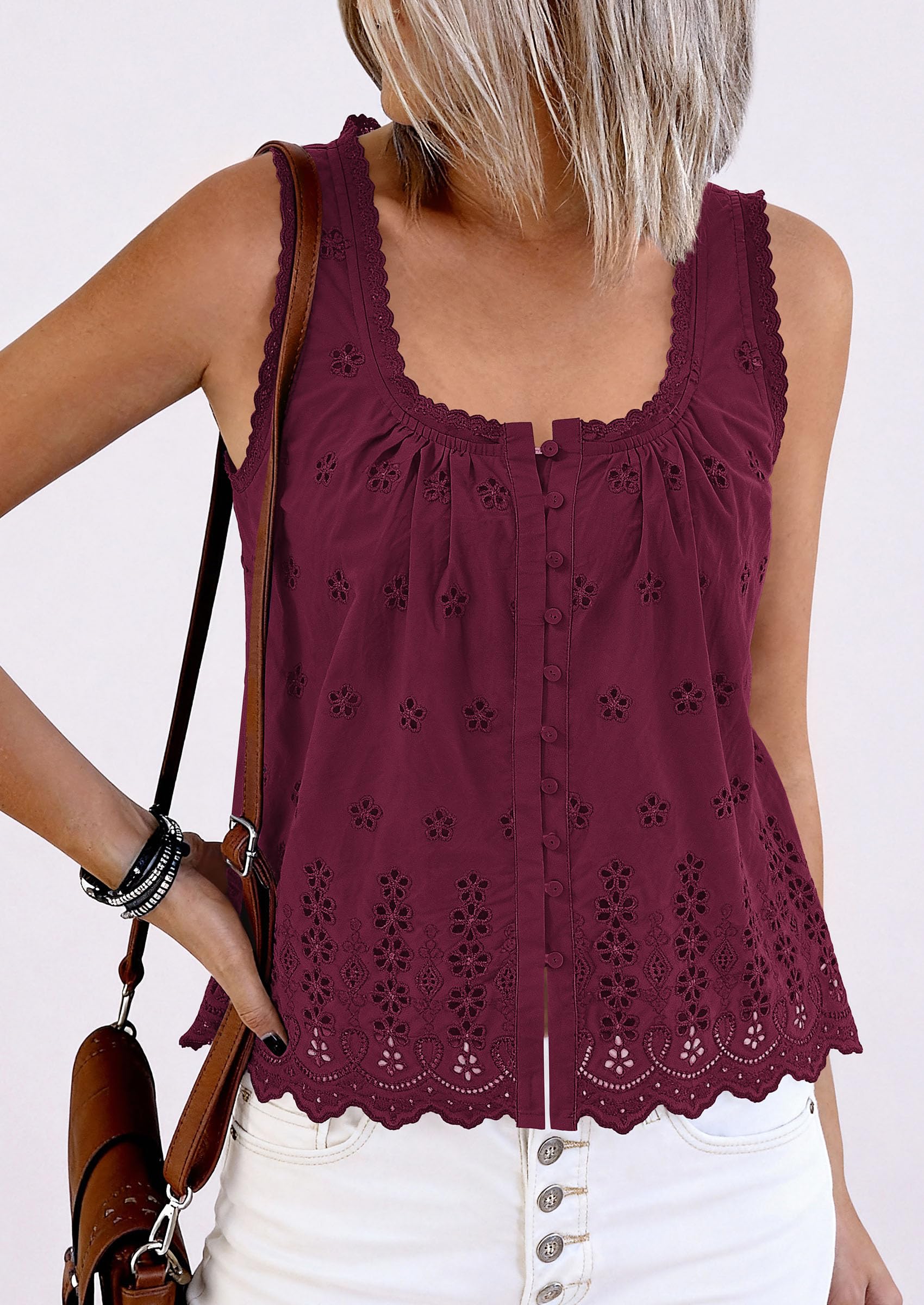 Women's Lace Tank Top Embroidery Eyelet Blouses,Burgundy,S