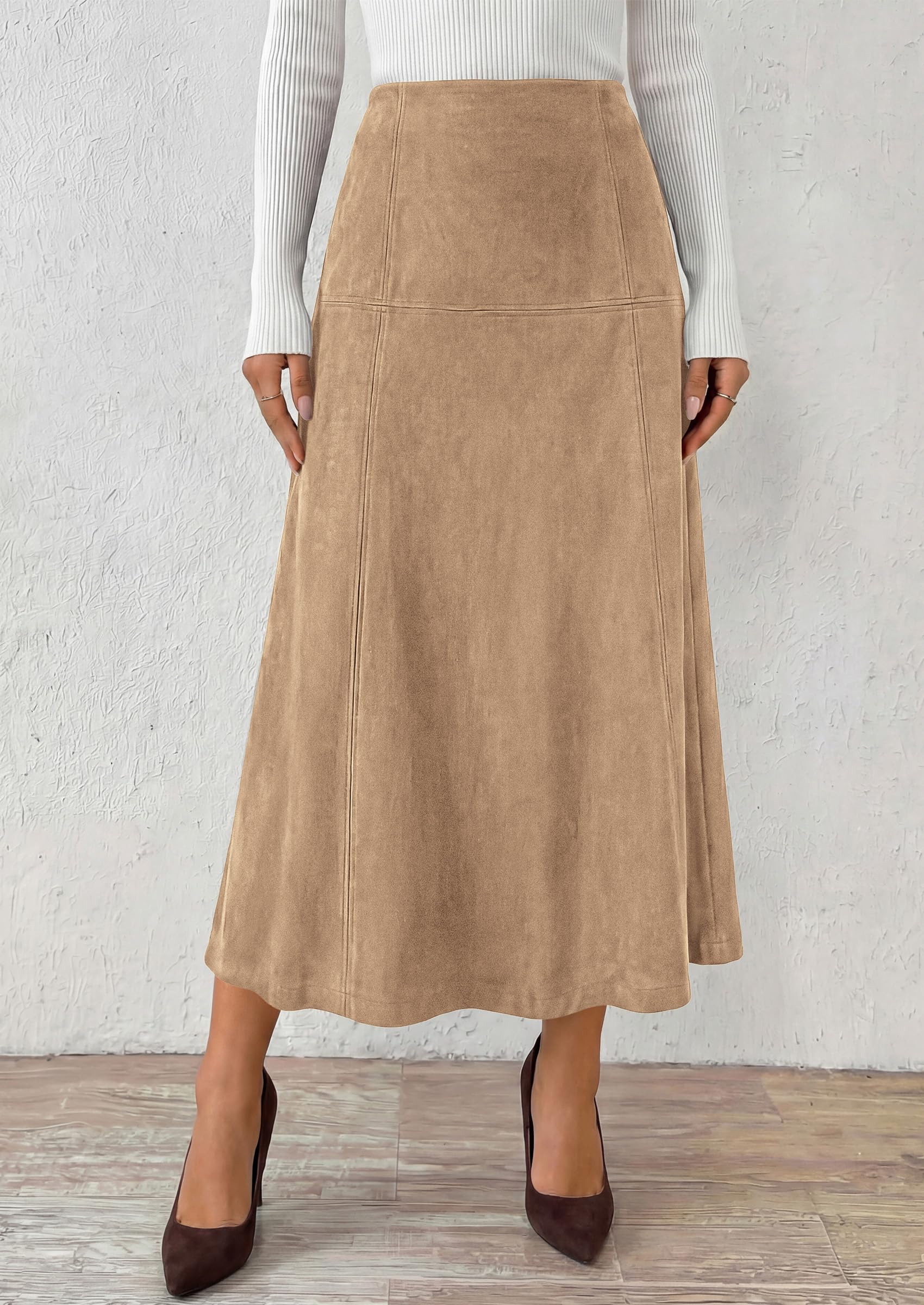 Womens High Waist Faux Suede A Line Midi Skirt,Apricot,S