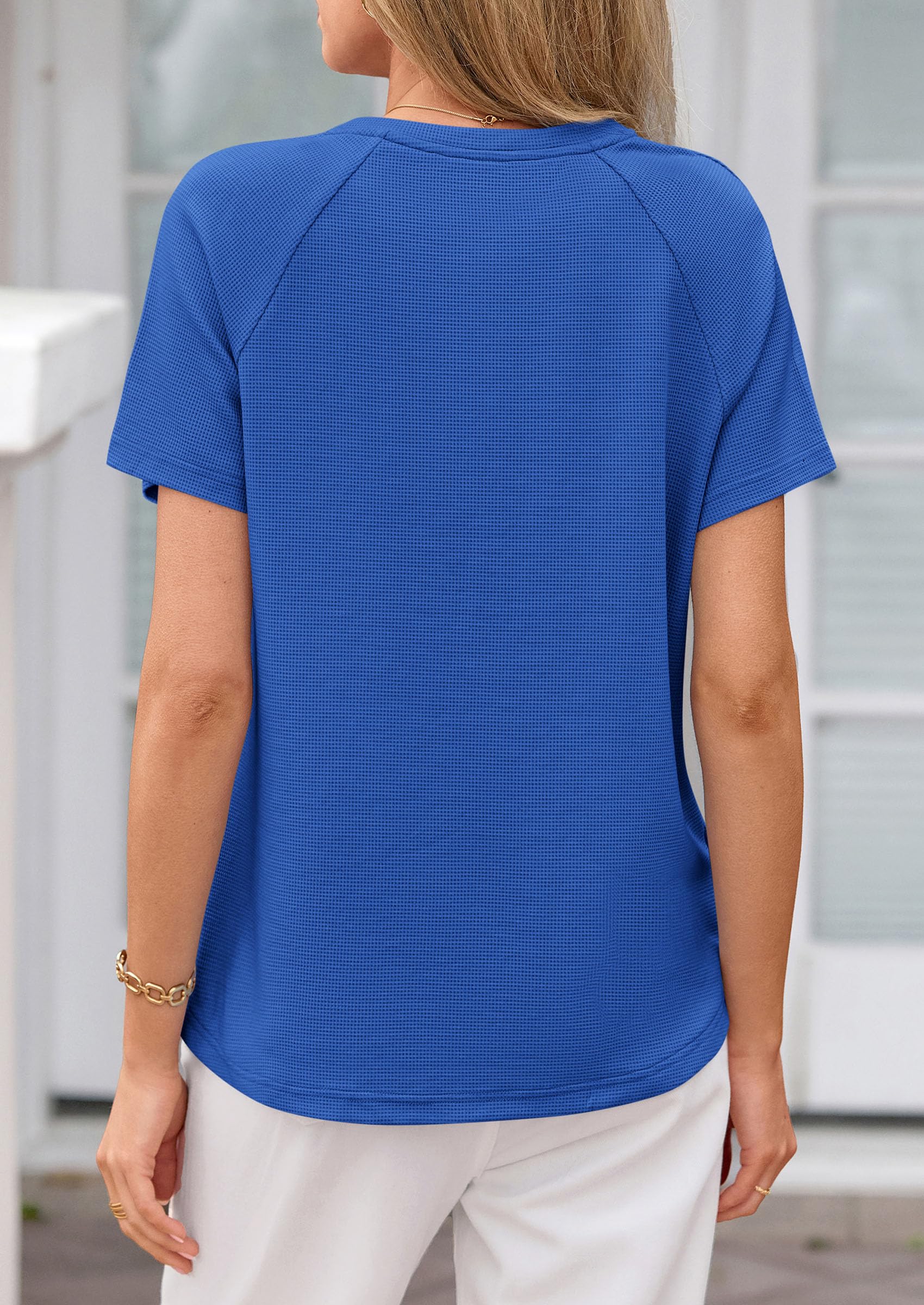 Women's Short Sleeve Waffle Knit Henley Shirts, Blue,S