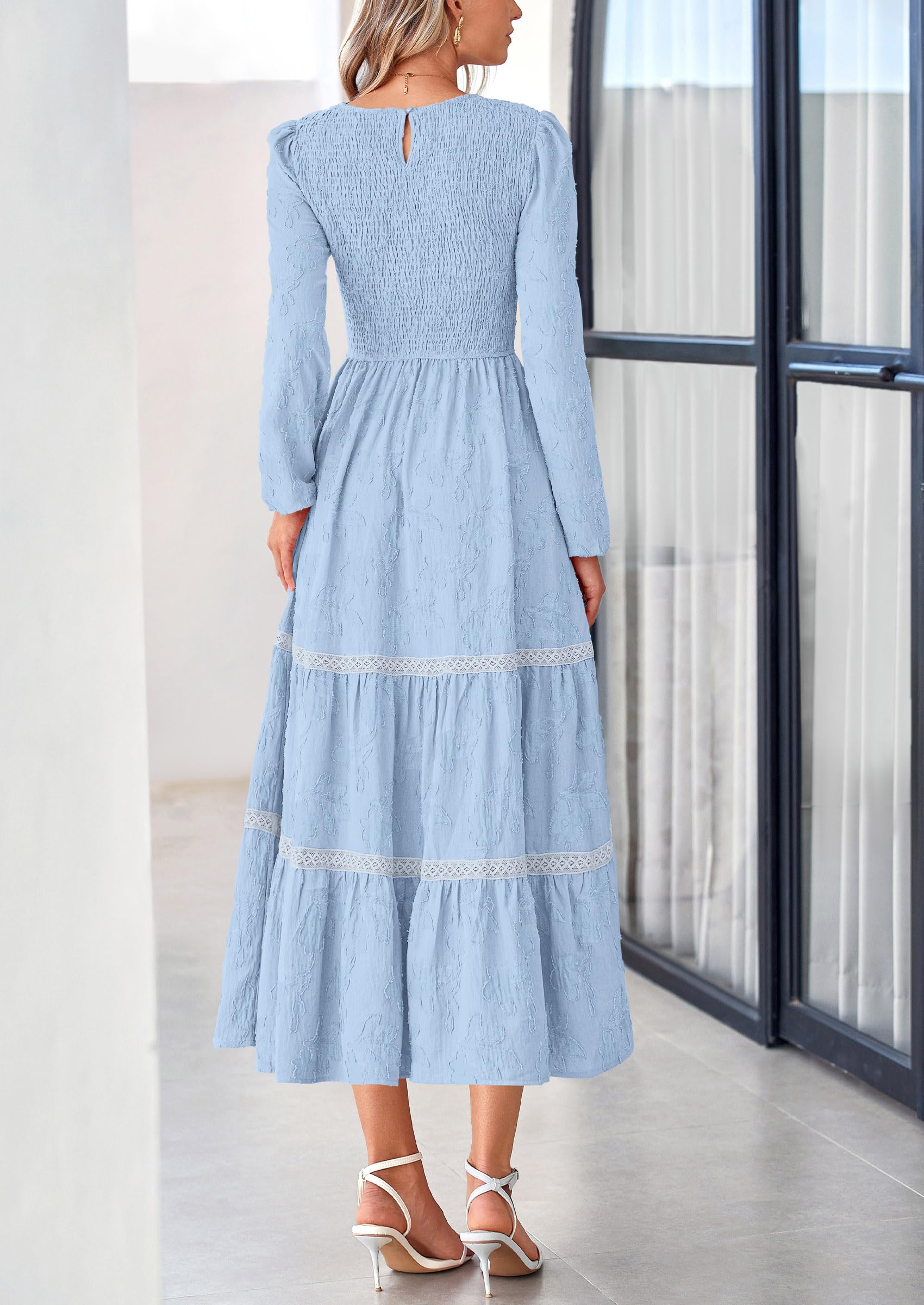 Women's Long Sleeve Boho Floral Midi Dress, Light Blue,M