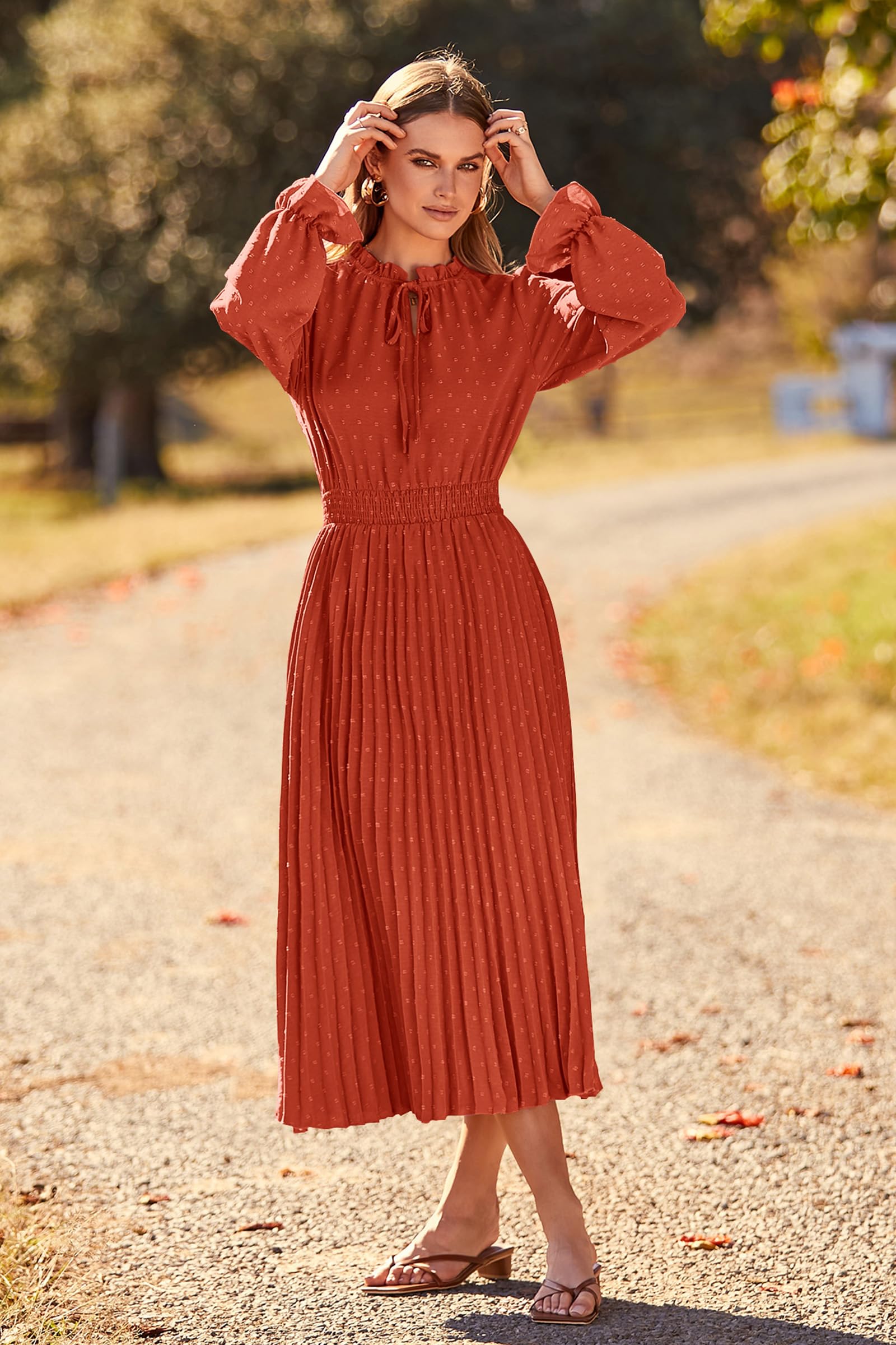 Women's Fall Midi Wedding Guest Dress(Brick Red,Small)